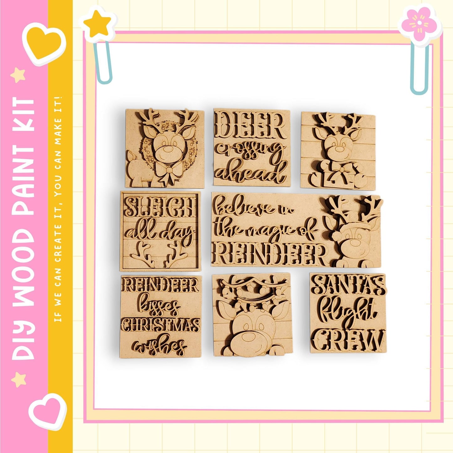a collection of six wooden cutouts, each with a unique design and text, arranged in a grid pattern.