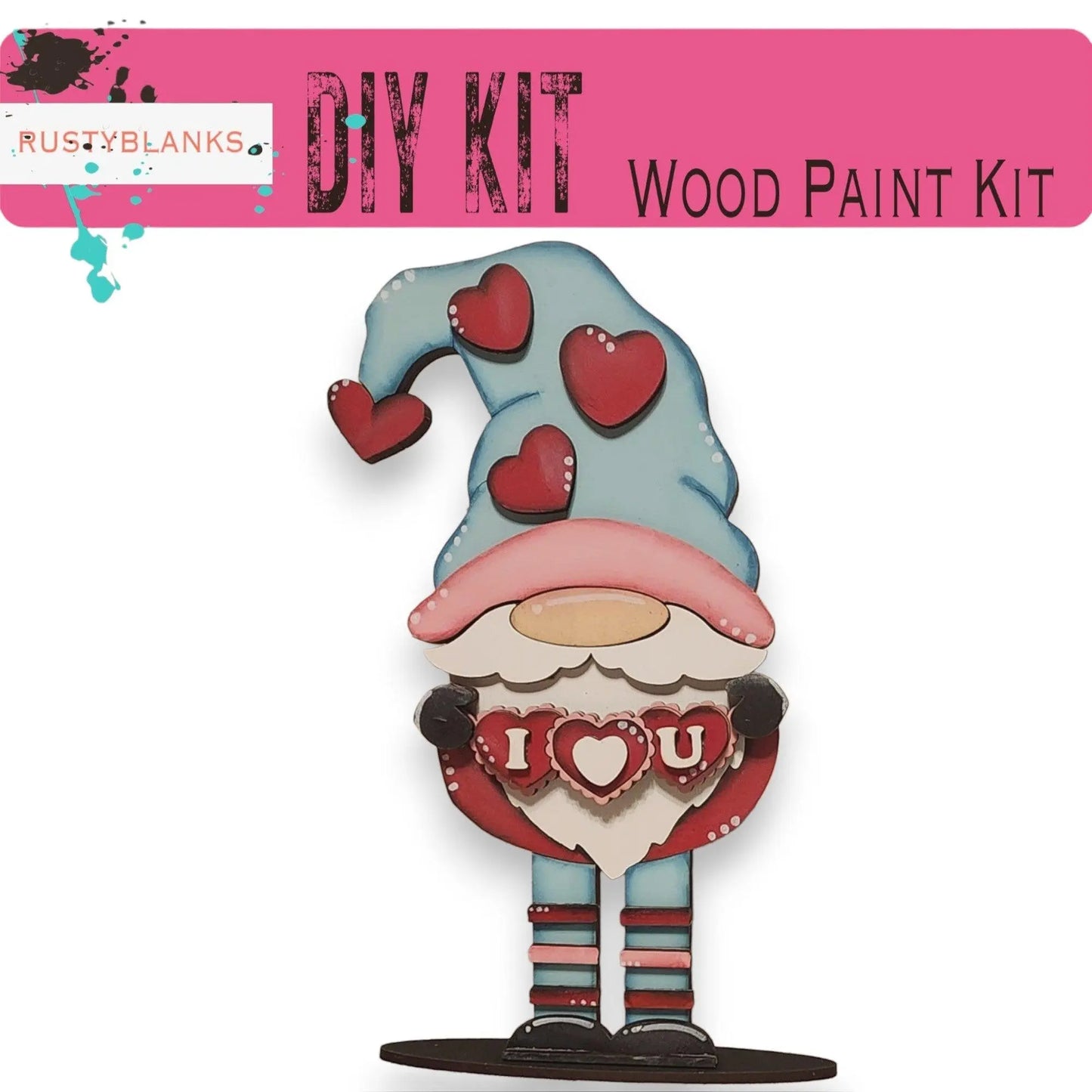 a wooden craft kit with a gnome holding a heart