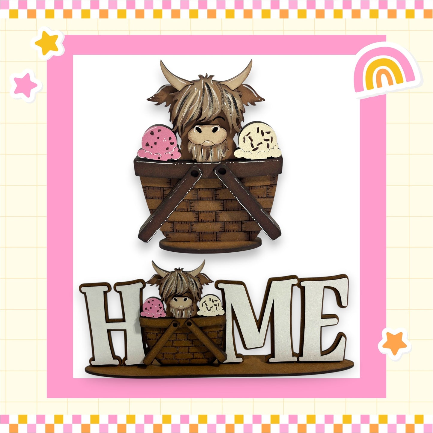 a wooden basket with a cow figurine inside, and the word "HOME" written below it.