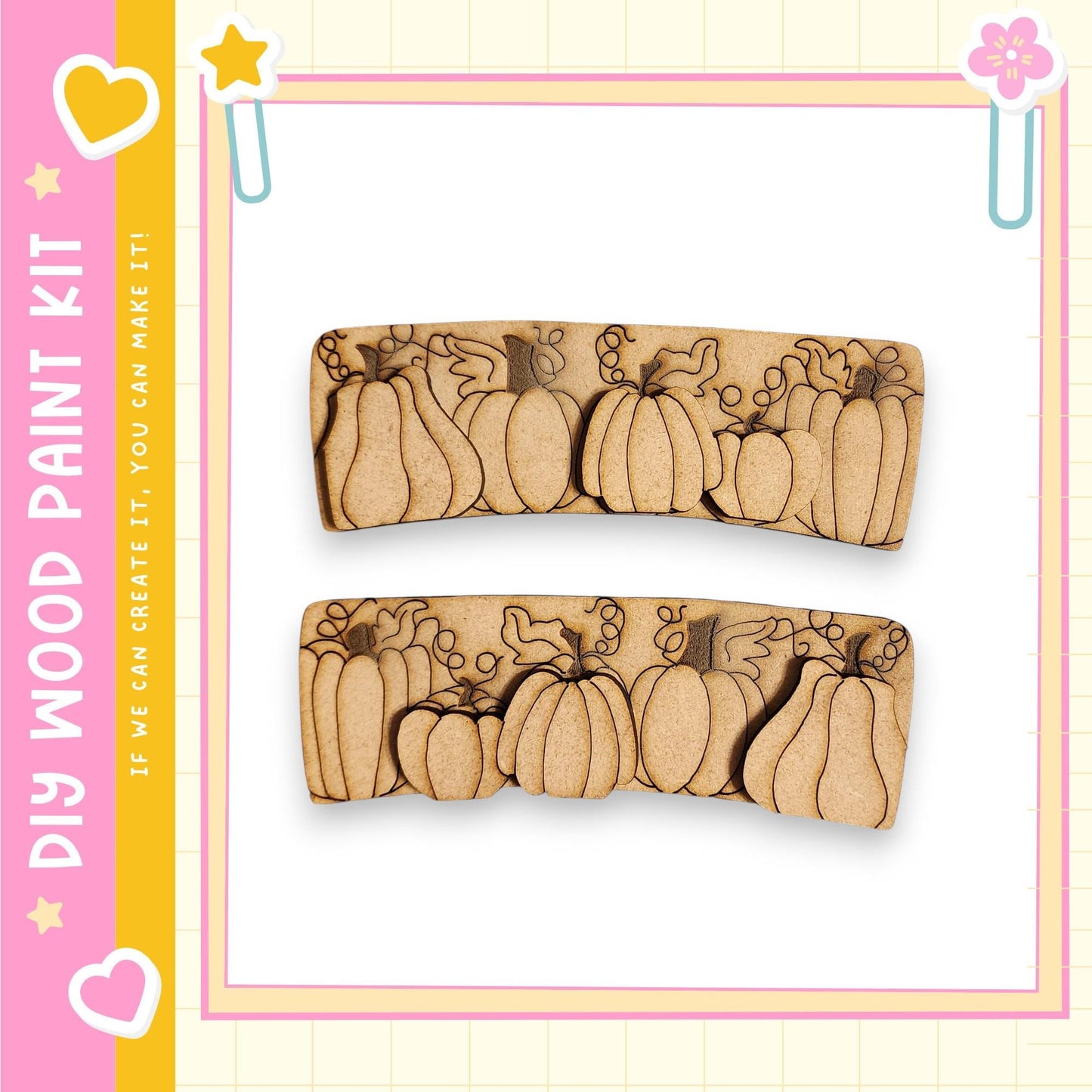 two wooden cutouts of pumpkins, arranged in a row.