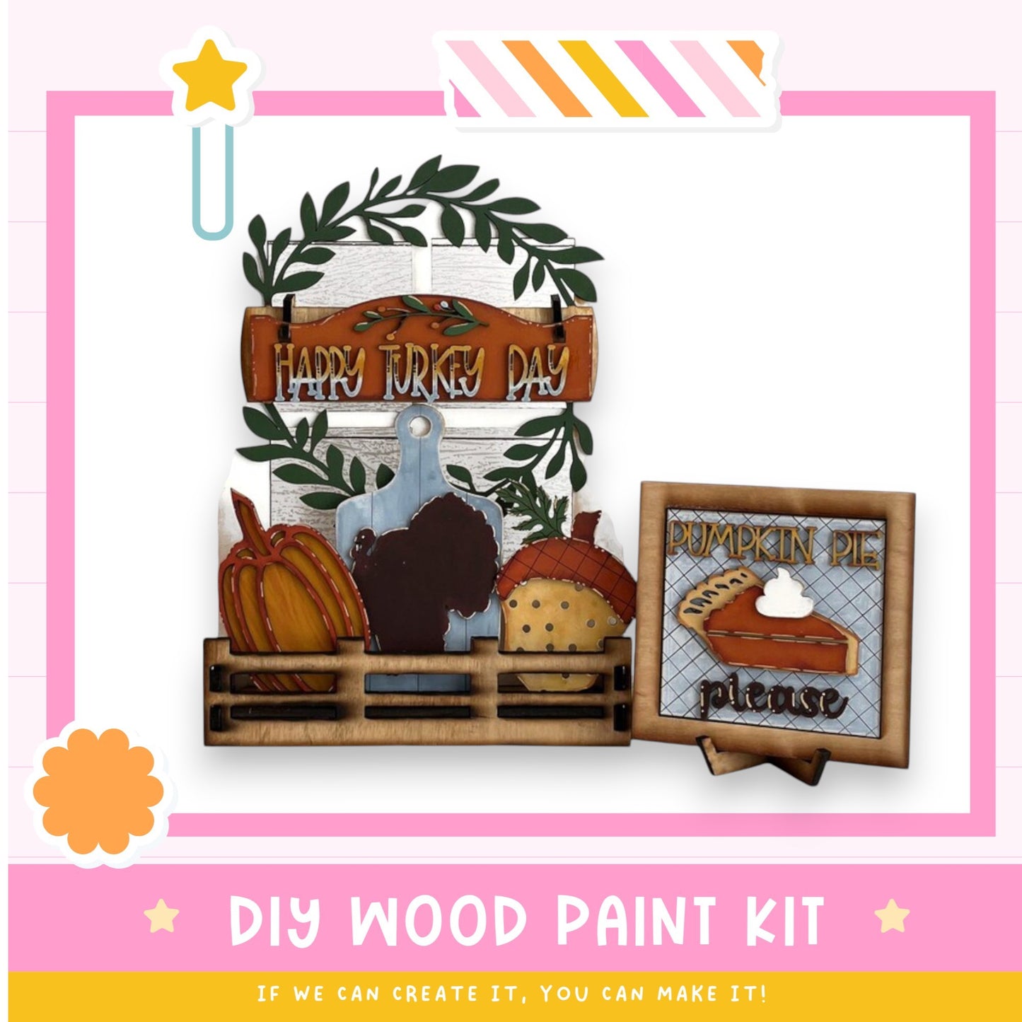 a wooden painting kit with a turkey and pumpkin