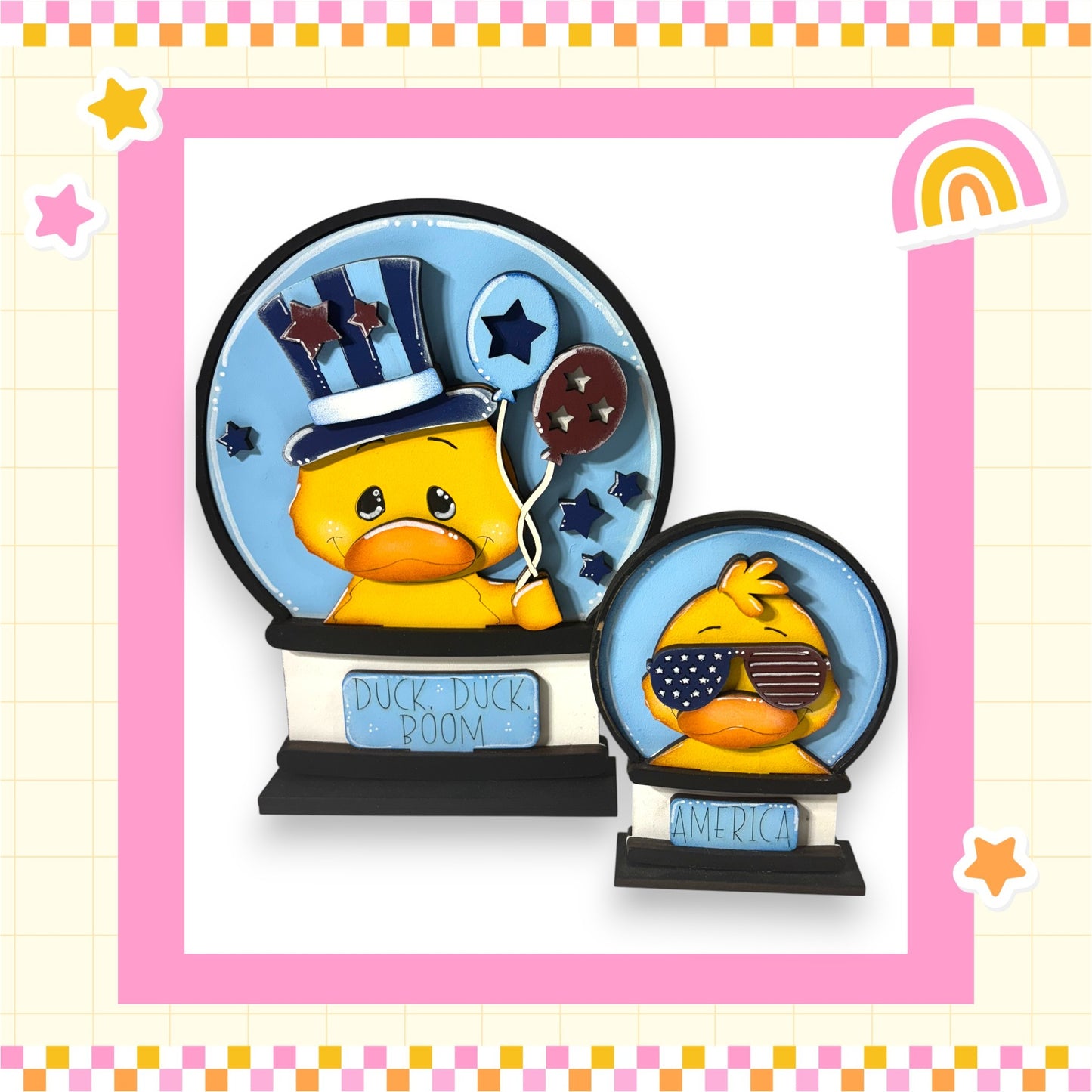 A pair of cartoon duck figurines, one larger and one smaller, both wearing hats and sunglasses, set against a pink and yellow background with stars and a rainbow.