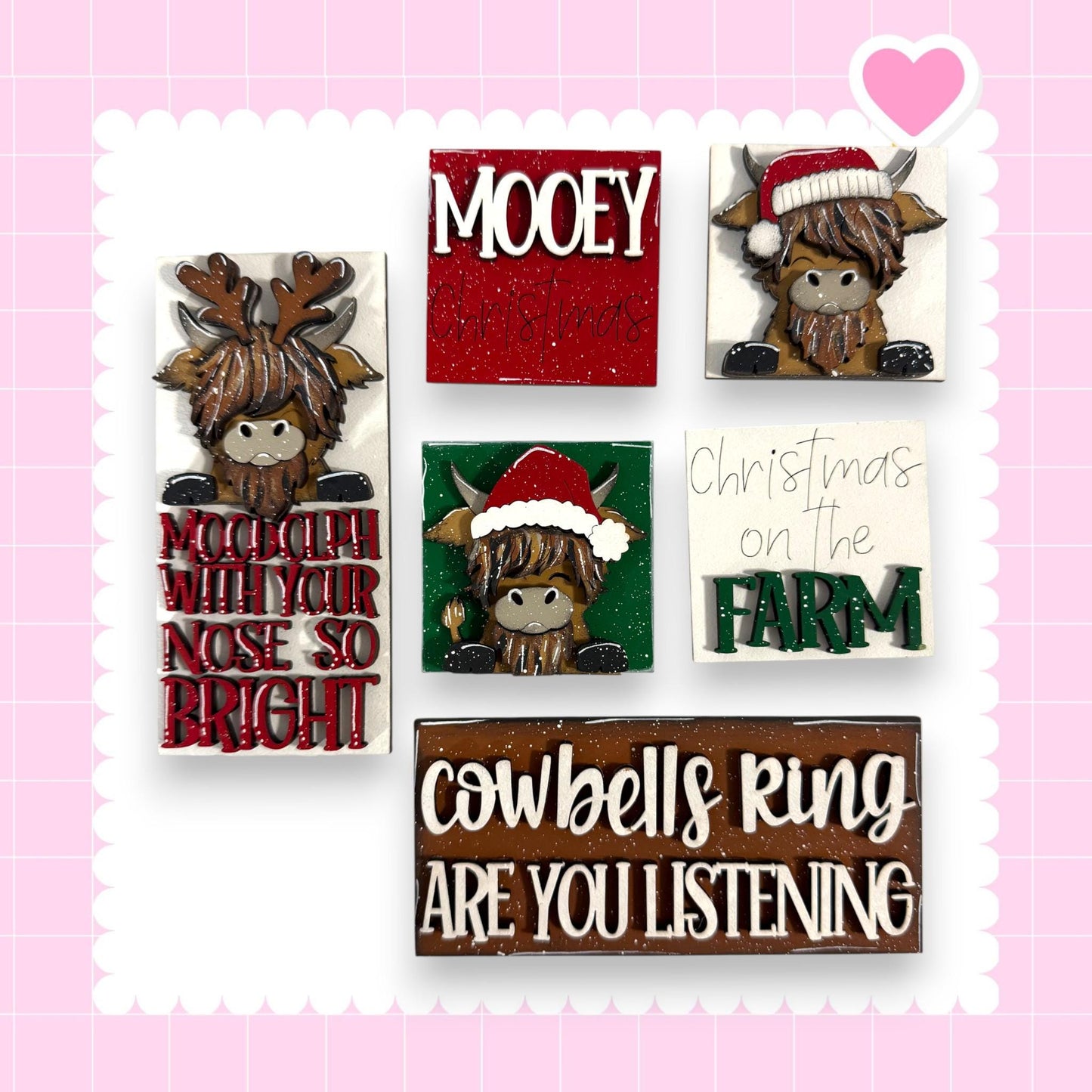a collection of Christmas-themed items, including a cow with antlers, a Santa hat, and a sign that says "Christmas on the Farm".