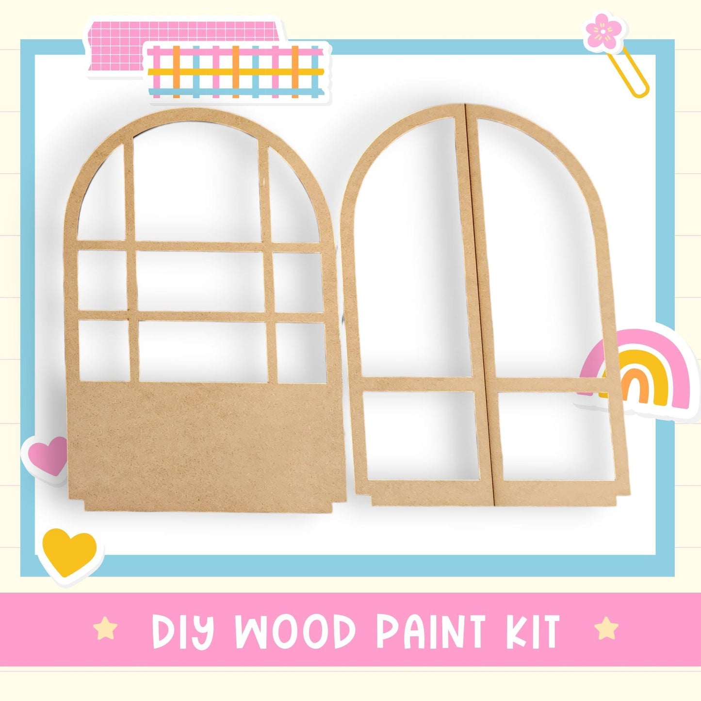 a DIY wood paint kit, with two wooden cutouts arranged side by side. The kit appears to be designed for painting and decorating wooden structures, as indicated by the text "DIY WOOD PAINT KIT" at the bottom of the image.
