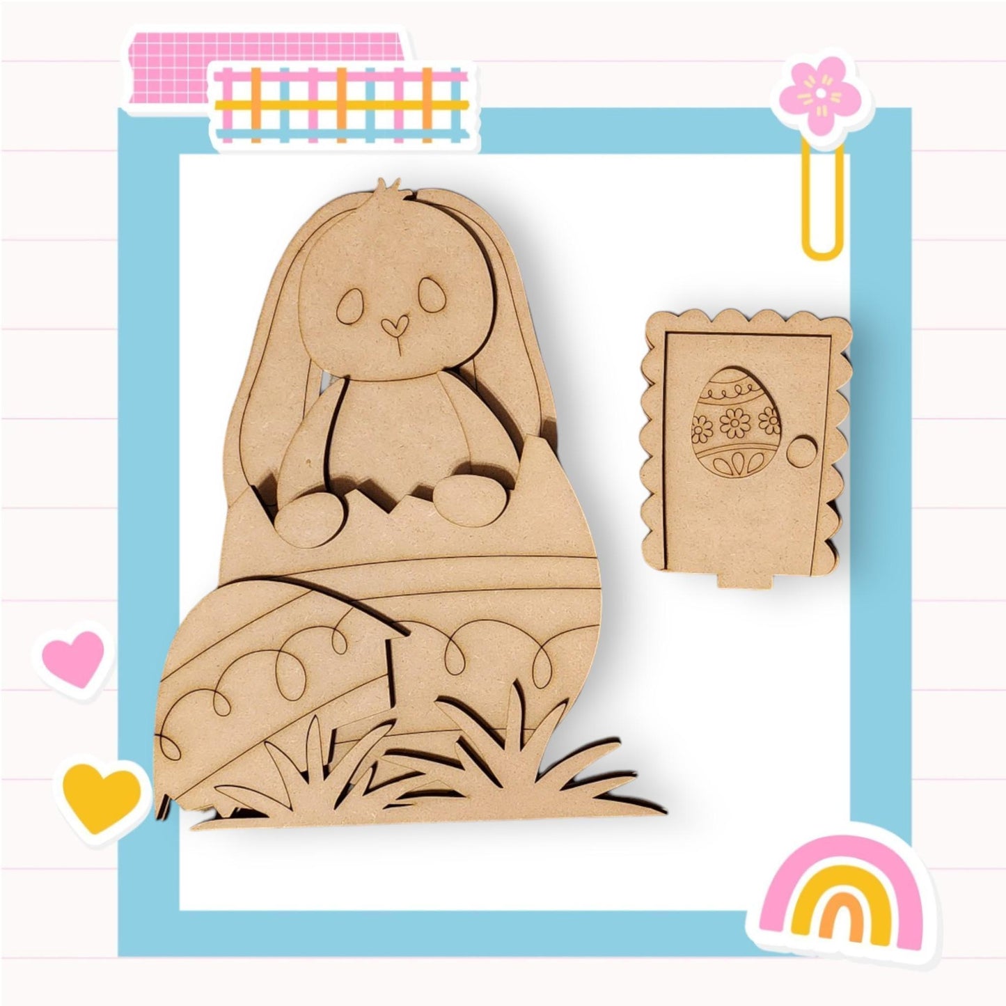 a wooden cutout of a bunny with a rainbow in the background