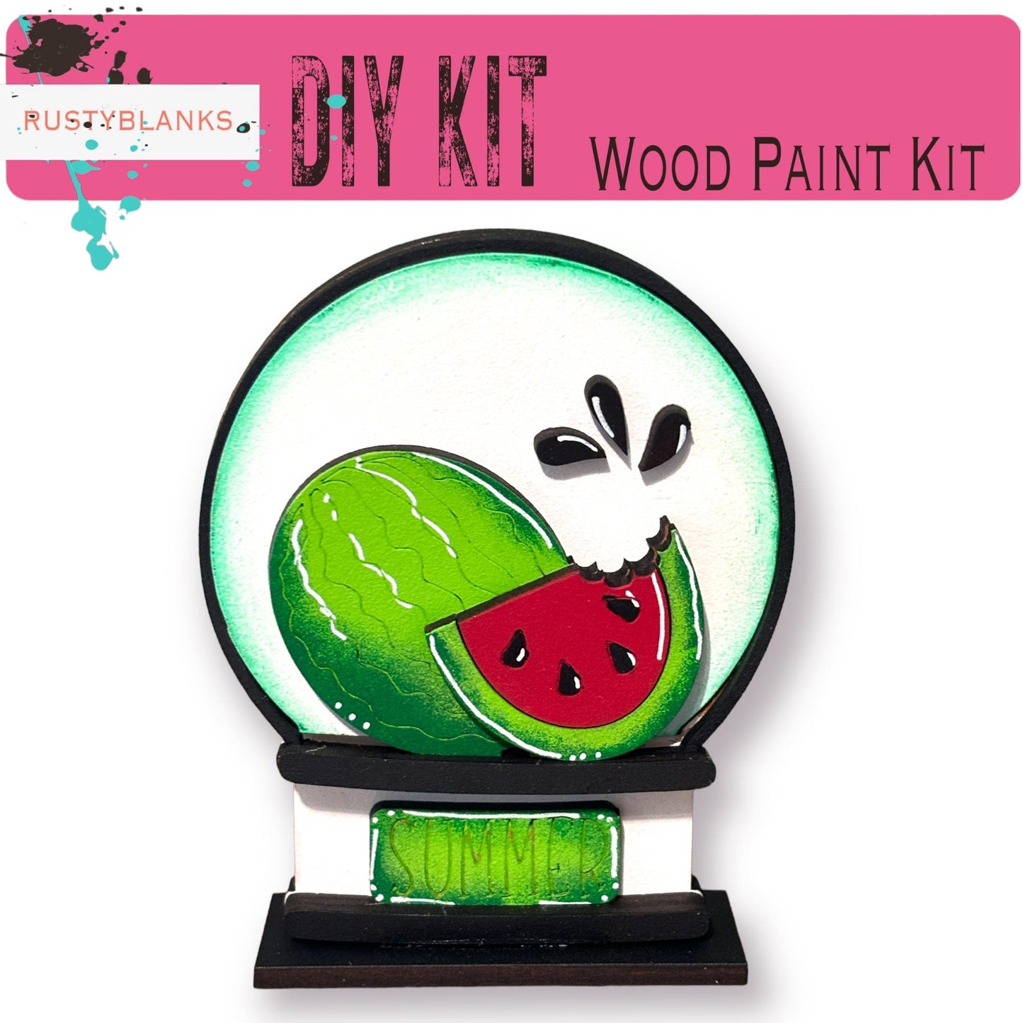 The image is a DIY kit for a wood paint kit, featuring a watermelon design on a circular base.