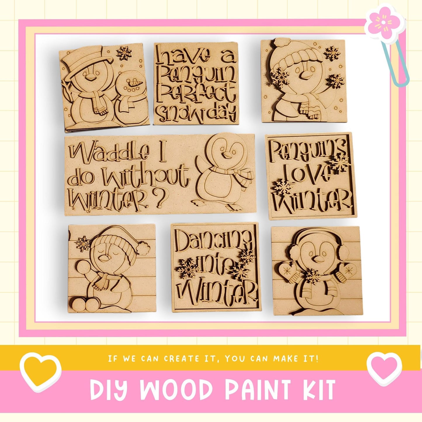 The image is a collage of six wooden cutouts featuring various winter-themed phrases and illustrations, including a penguin, snowman, and dancing penguins.