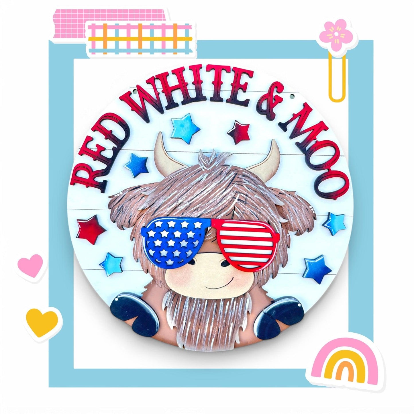 a red, white and moo badge with a cow wearing sunglasses