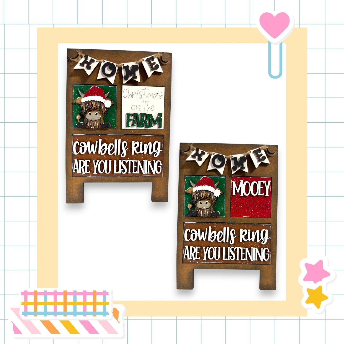 two wooden signs with text and illustrations, including a cowbell and a moose, set against a background with a grid pattern.