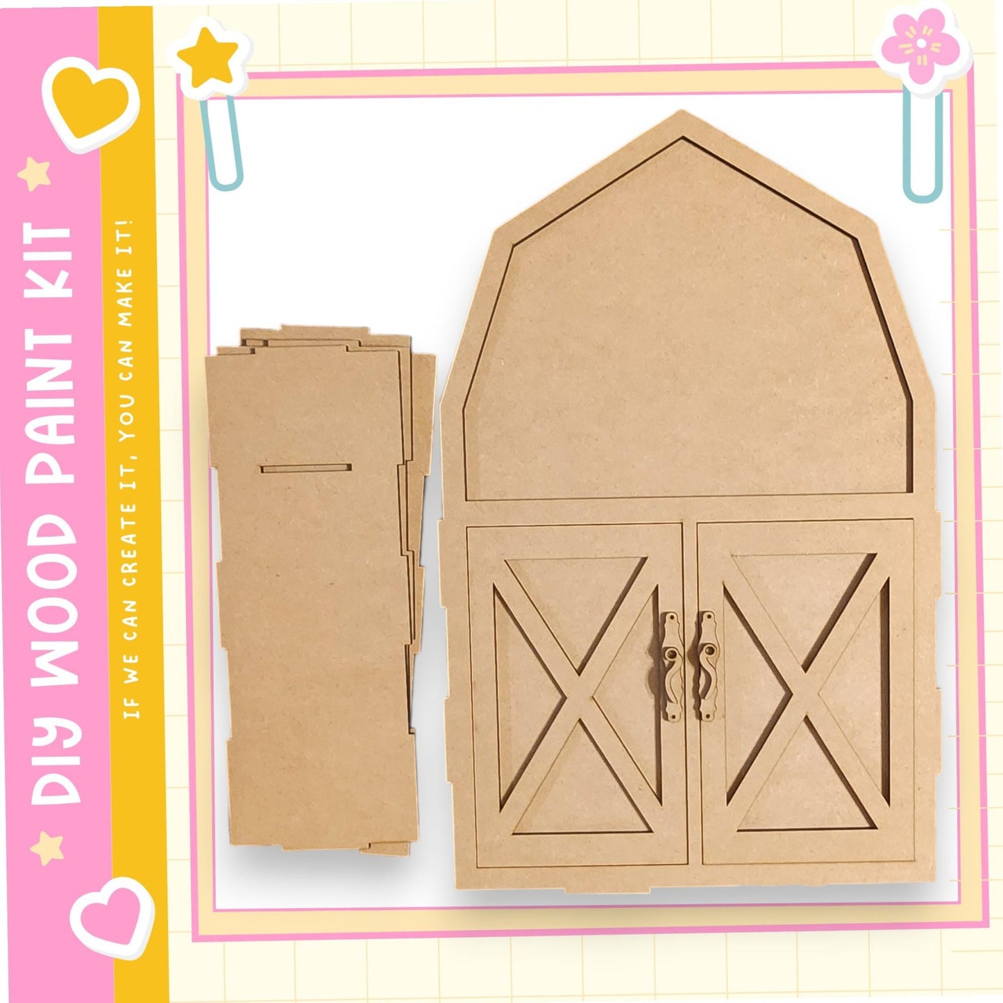 a DIY paint kit for creating a wooden barn, with a wooden barn door and a wooden barn frame.