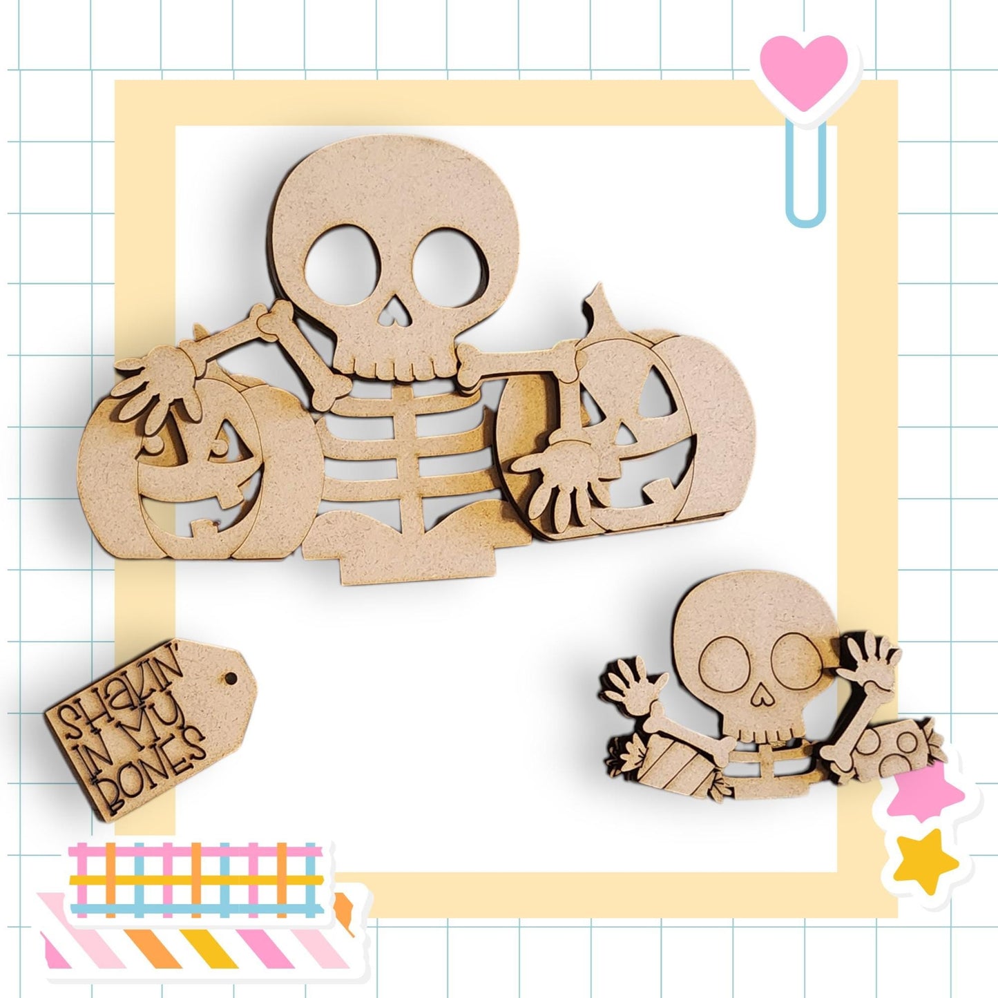 a Halloween-themed collage with various wooden cutouts, including a skeleton holding a carved pumpkin, a smaller carved pumpkin, and a carved pumpkin. The collage is set against a grid background with a heart and a star decoration.