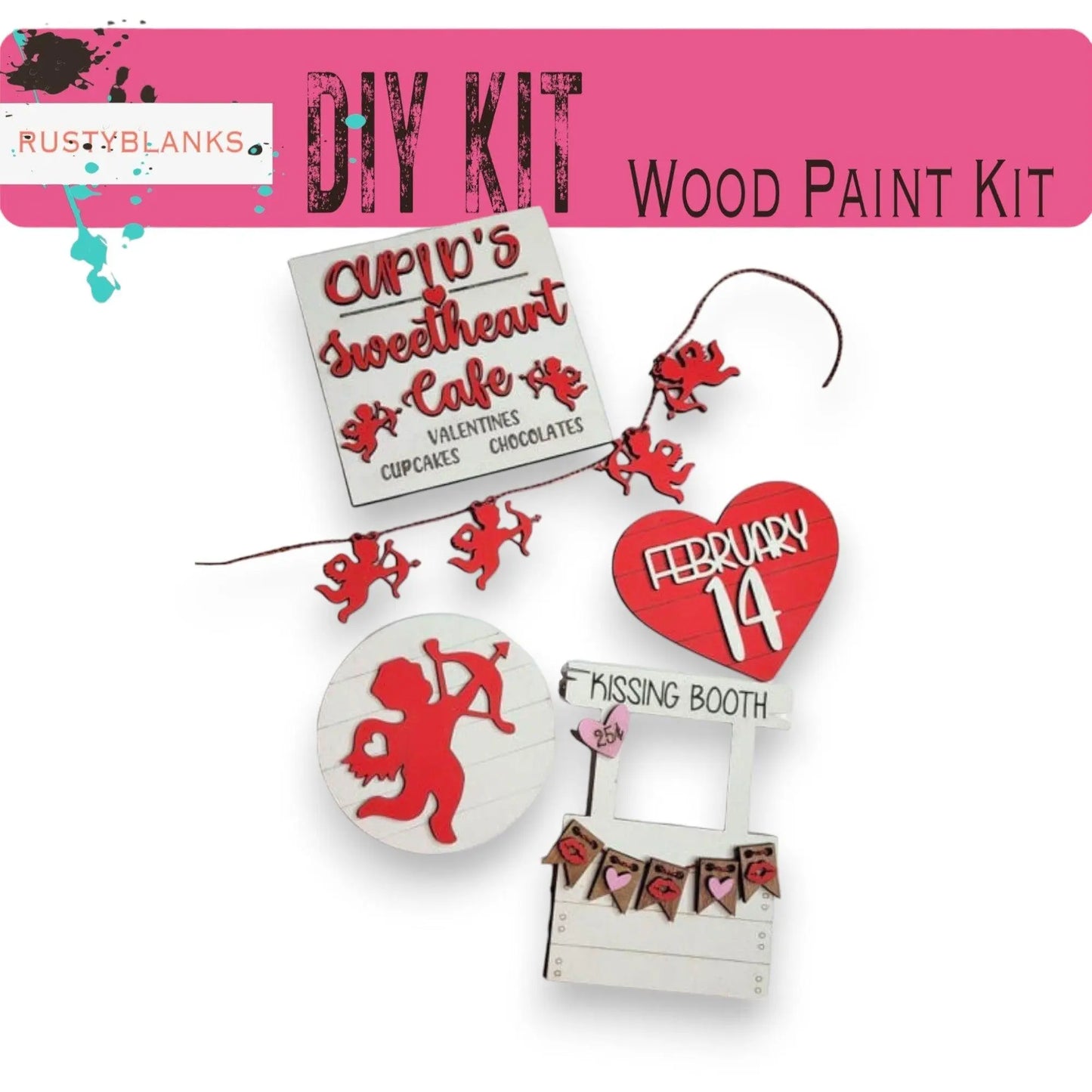 a wooden craft kit with a red heart and a sign