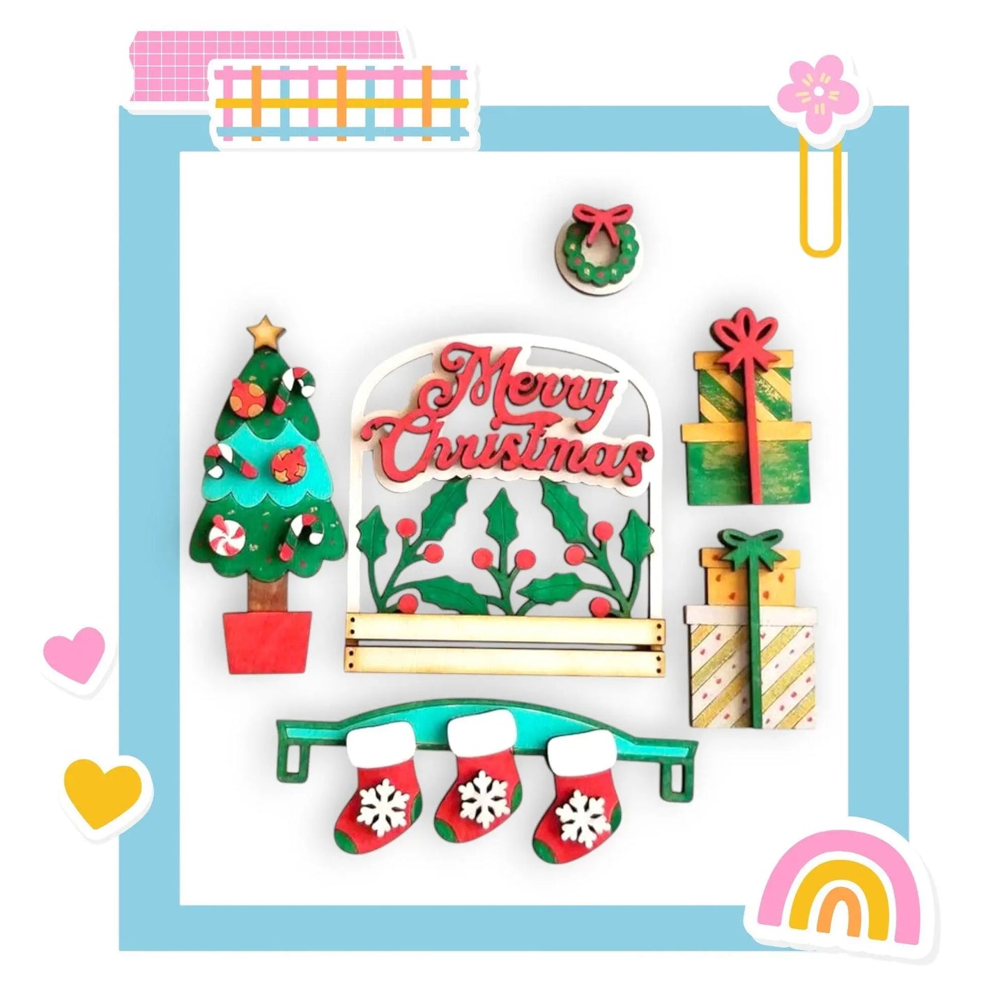 a christmas card with stockings, stockings, and a tree