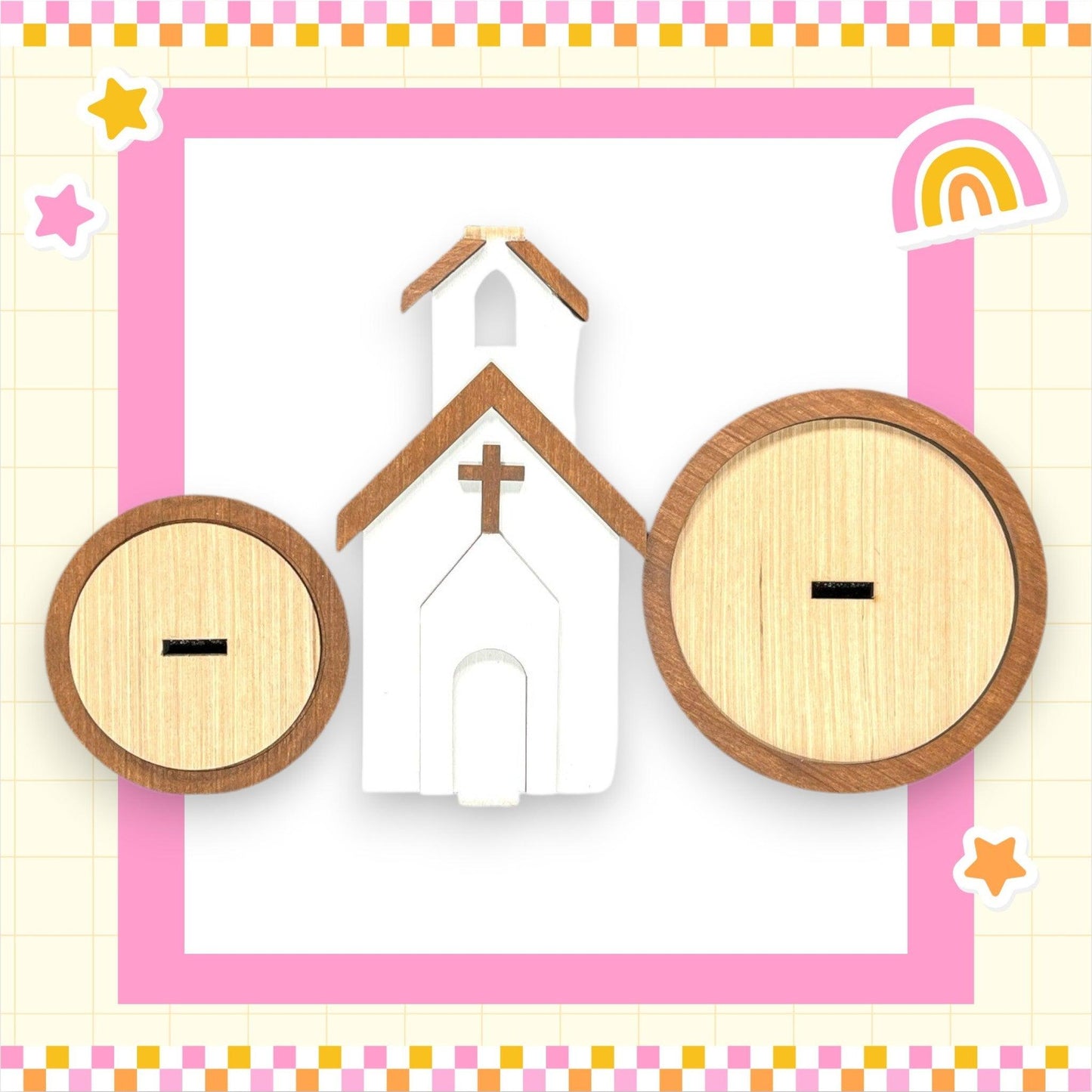 a wooden cutout of a church with a rainbow in the background