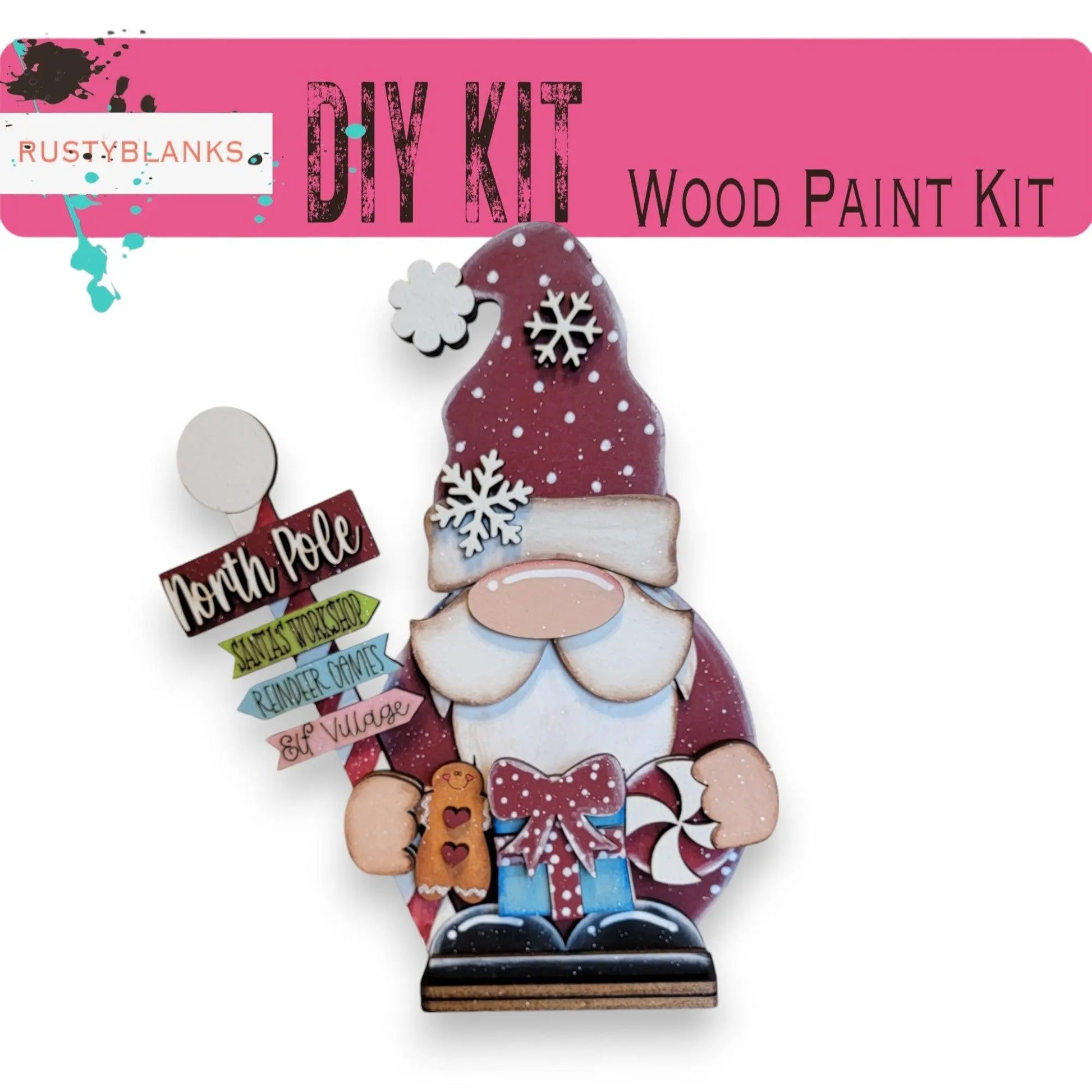 a picture of a wooden santa clause holding a sign