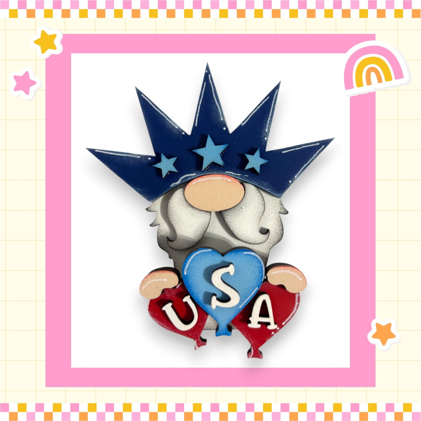 A whimsical illustration of a gnome wearing a crown and holding a heart with the letters "USA" on it, surrounded by stars and a rainbow.