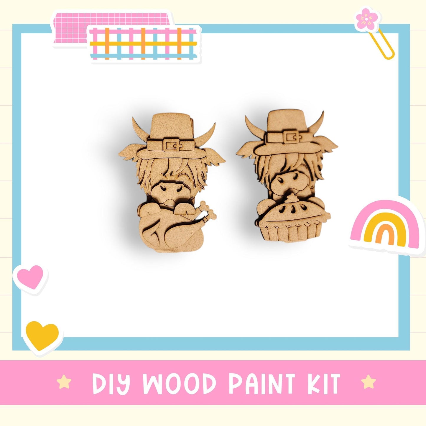 two wooden cutouts of cartoon-like characters wearing hats, likely representing a DIY wood paint kit for creating wooden decorations or toys.