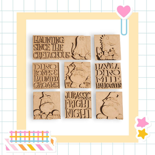 six wooden blocks with various text and cartoon-like designs carved into them.