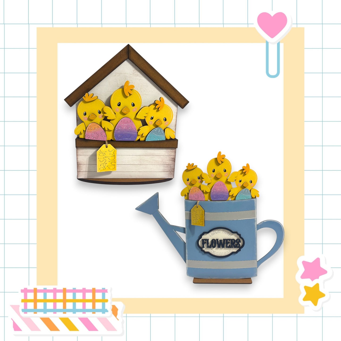 a charming scene with two birdhouses, each containing a group of cheerful yellow chicks. One birdhouse is a quaint wooden structure, while the other is a blue watering can, both adorned with the word "FLOWERS" on their sides. The birdhouses and watering can are set against a backdrop of a grid pattern, adding a touch of whimsy to the overall composition.