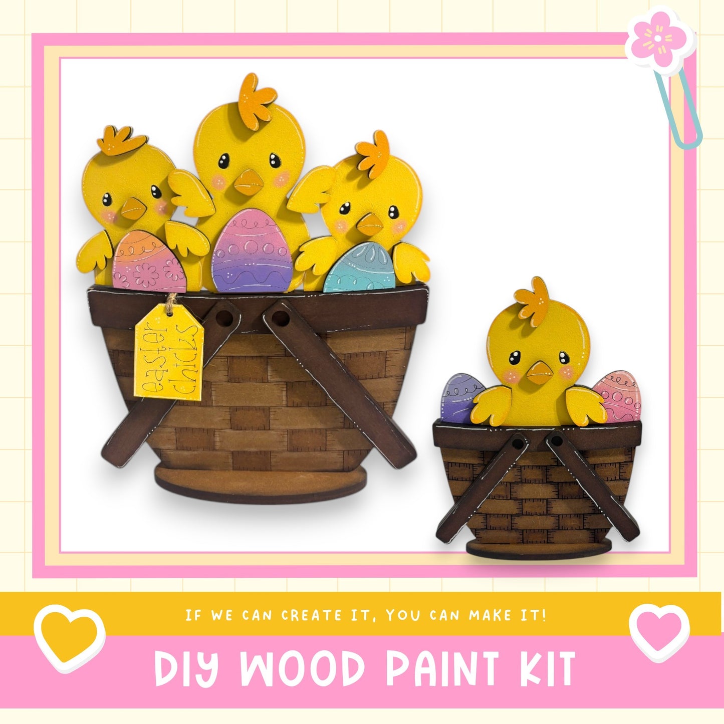 a DIY wood paint kit for creating Easter-themed decorations, including a basket with painted eggs and a smaller basket with painted eggs.