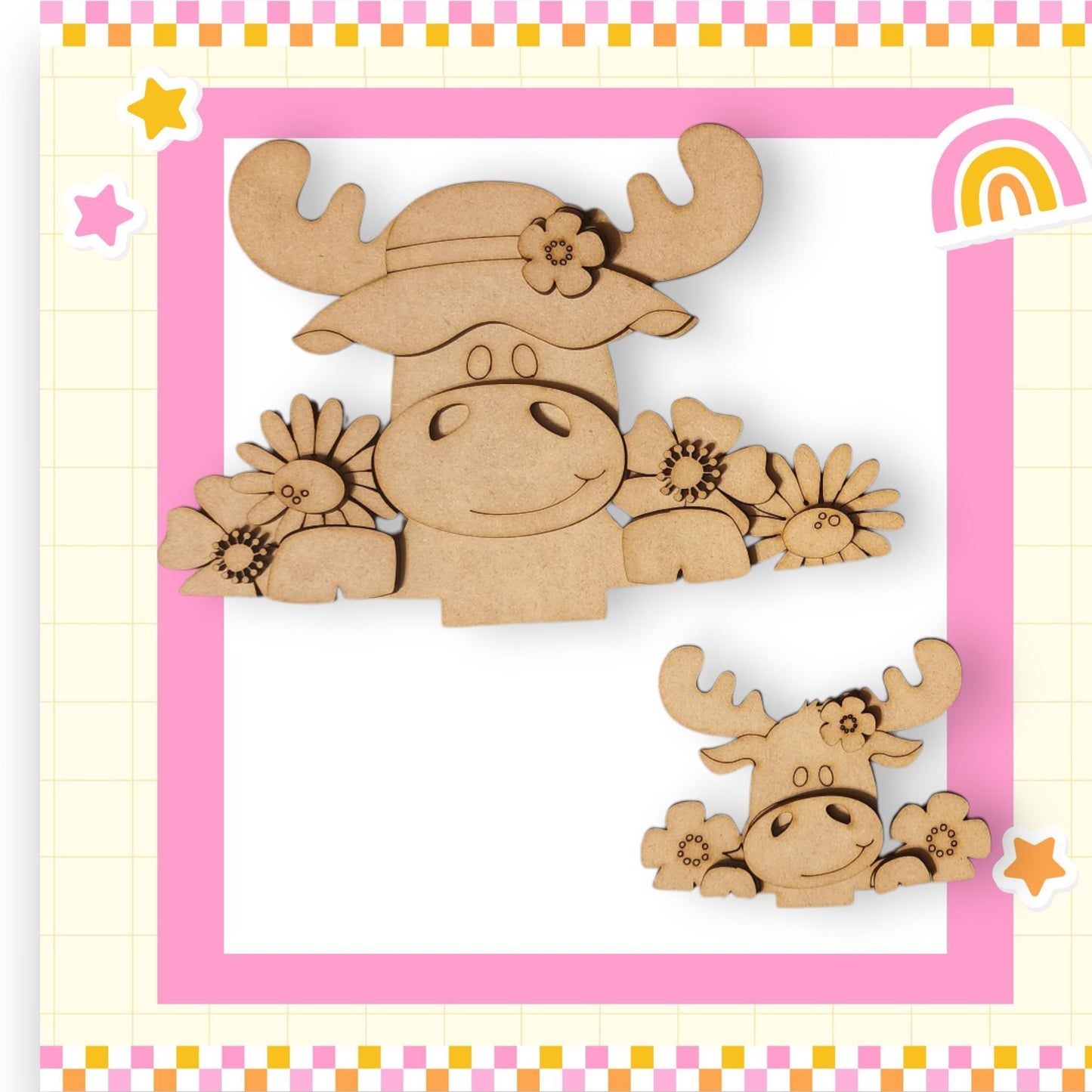 a wooden cutout of a moose with flowers