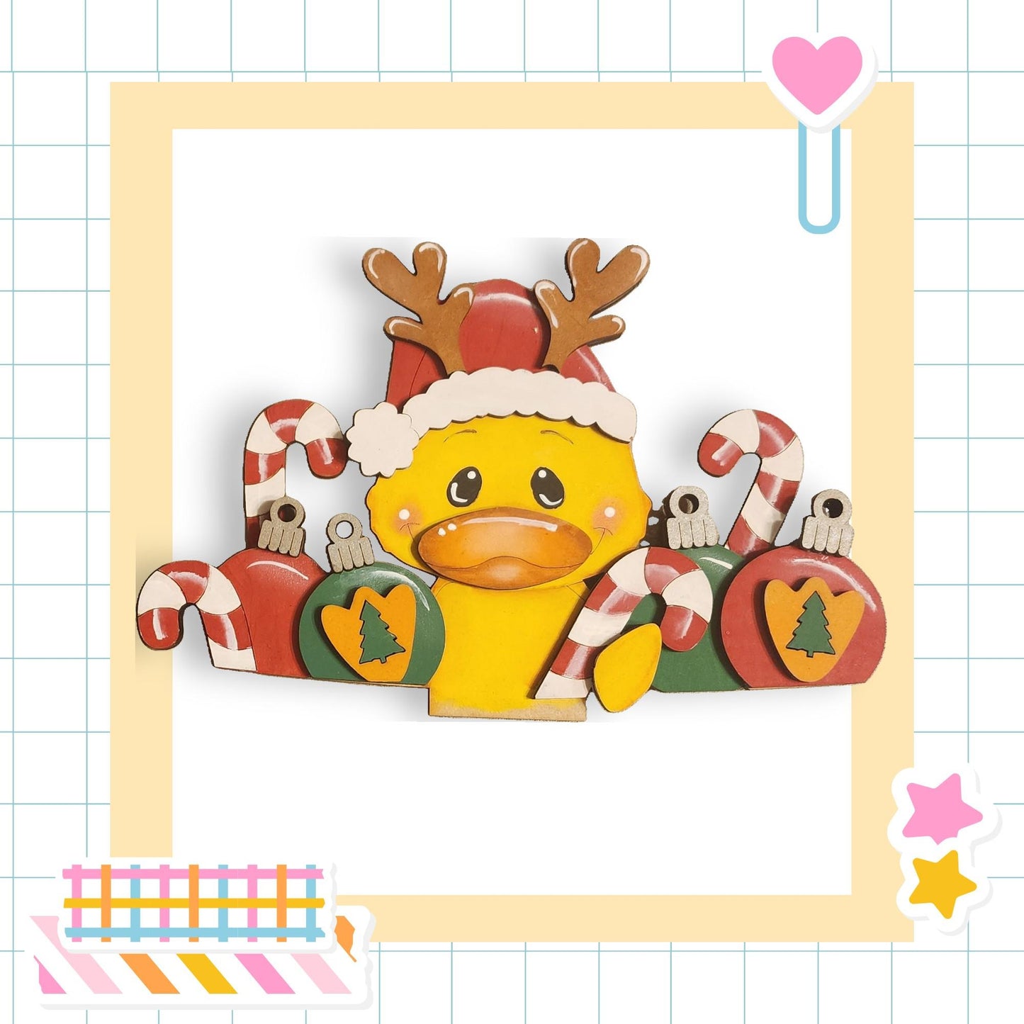 A cheerful yellow duck wearing a Santa hat and holding candy canes and ornaments, surrounded by a festive holiday theme.