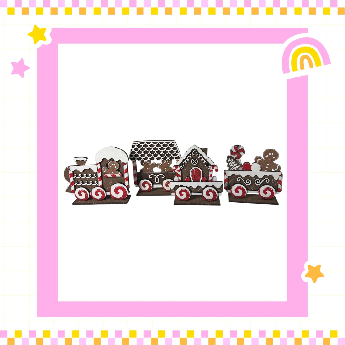 A group of four gingerbread houses, each with unique designs and decorations, arranged in a row within a pink and yellow frame.