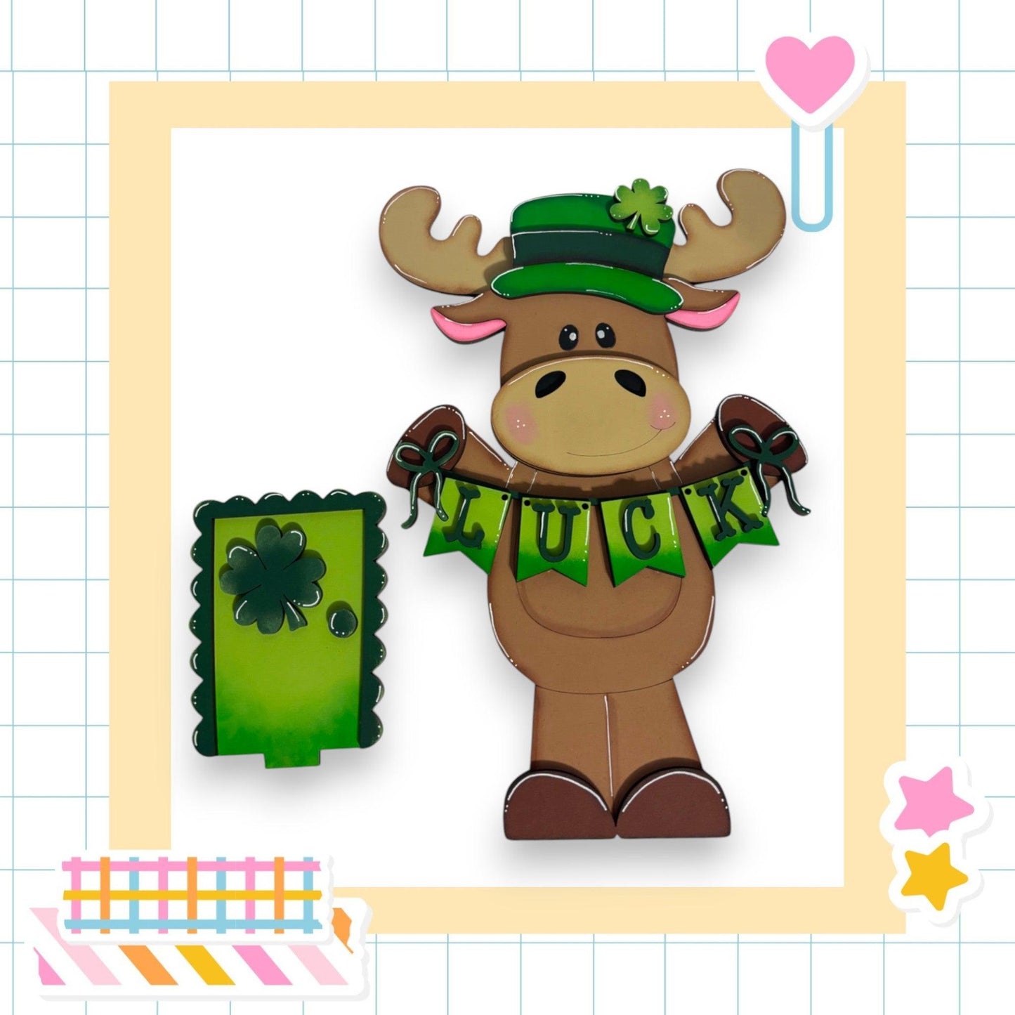a card with a picture of a moose wearing a green hat