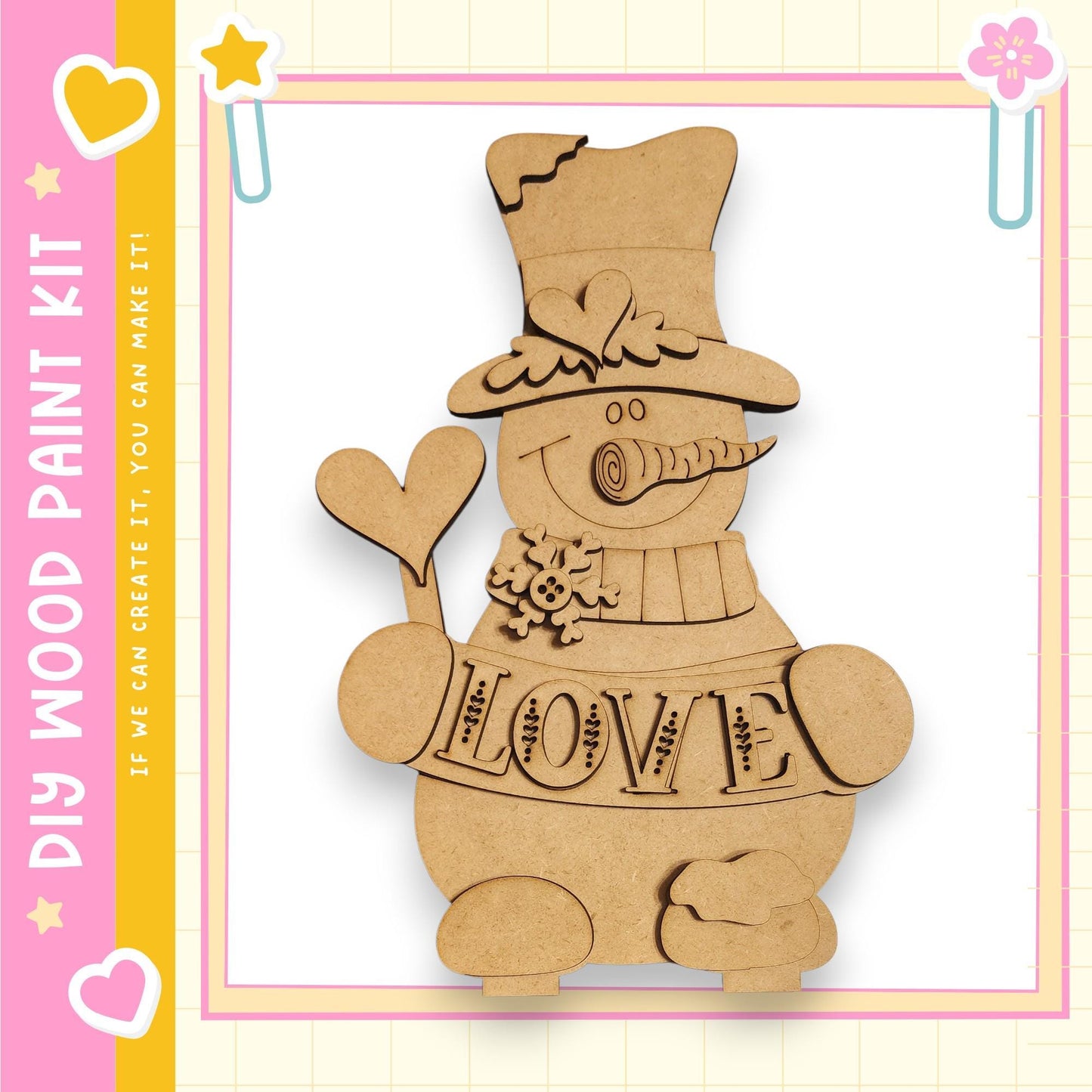 A wooden snowman kit with the word "LOVE" written on it, along with a heart and star decoration.