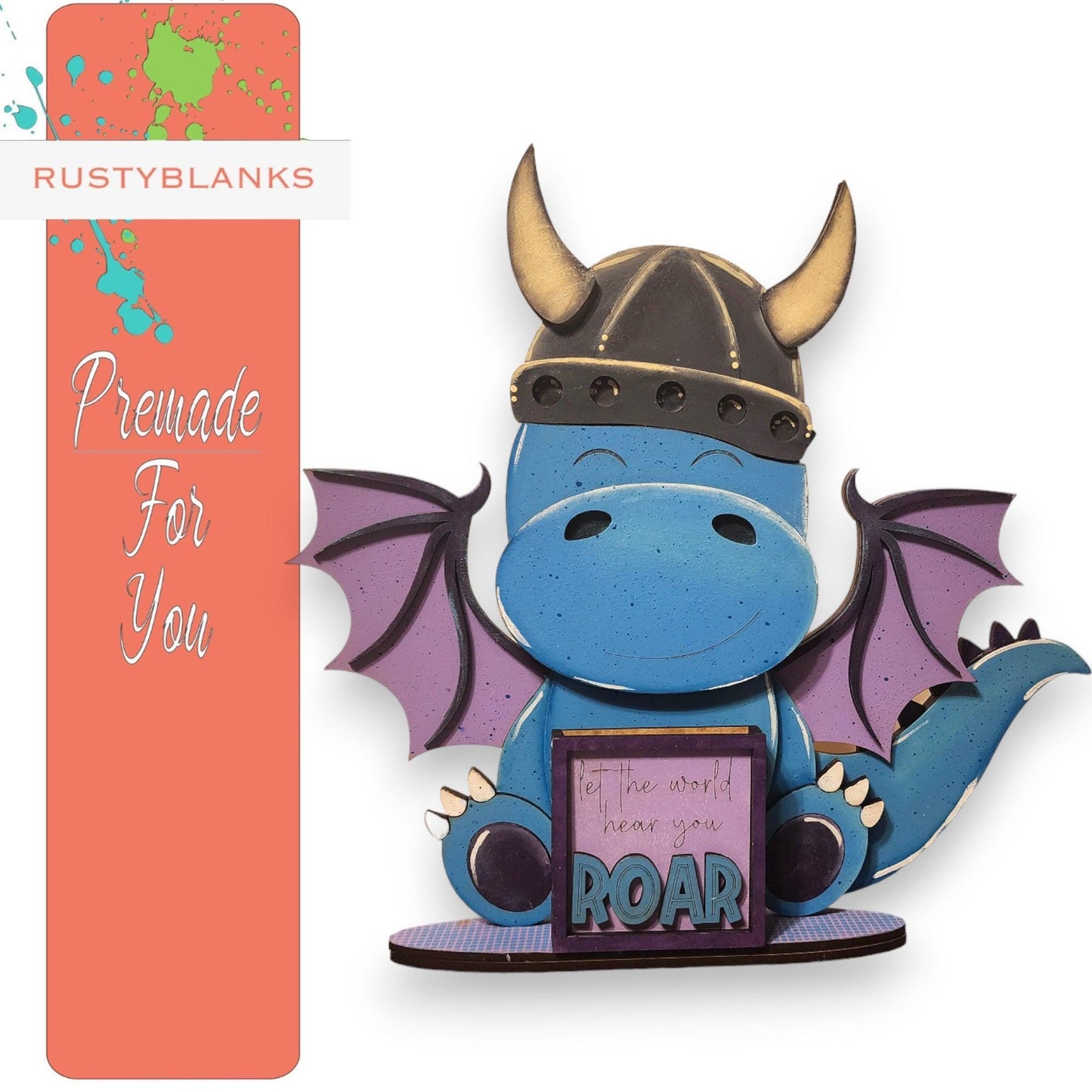 a blue dragon figurine with a helmet on it's head