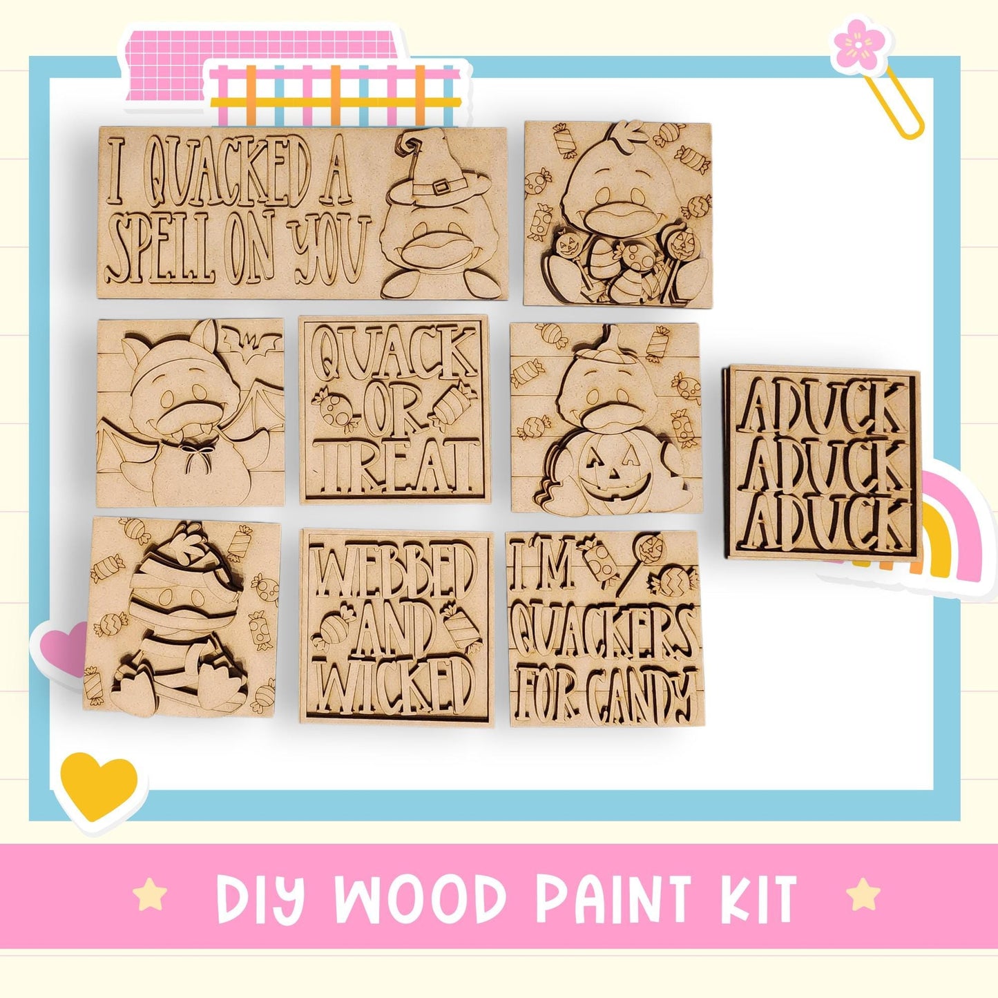 The image is a DIY wood paint kit featuring various carved wooden shapes with text and illustrations related to Halloween and candy themes.