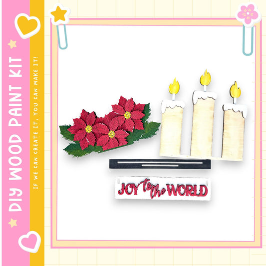 The image is a collage featuring a pink and yellow border, a white background, and various decorative elements such as candles, poinsettias, and a sign that says "Joy to the World".