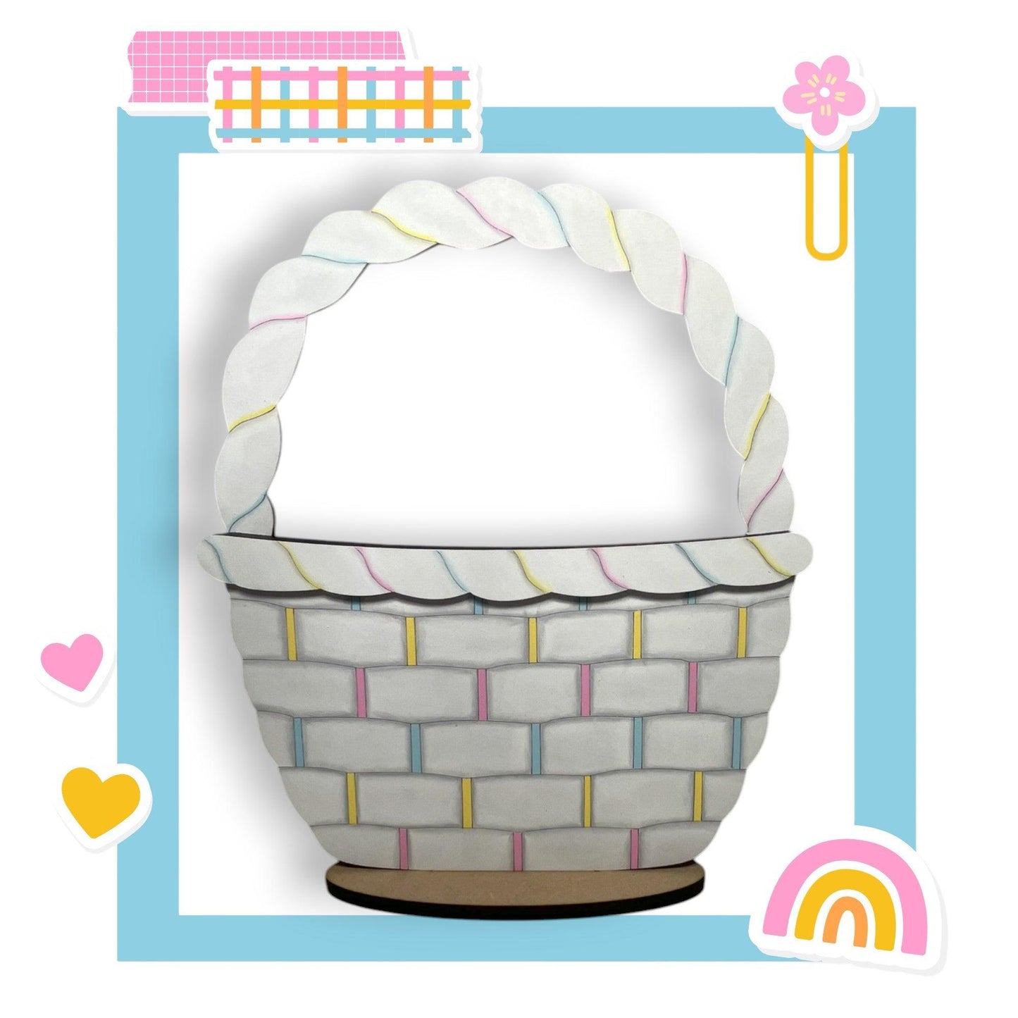 a paper basket with a rainbow in the background