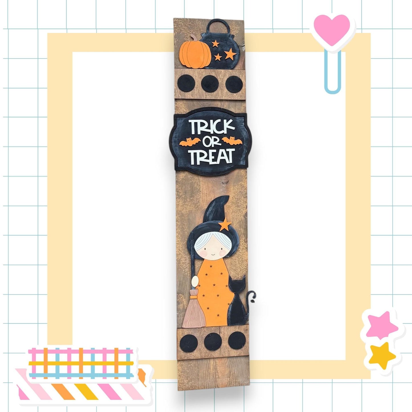 a Halloween-themed frame with a black and orange design, including a witch, pumpkin, and the text "TRICK or TREAT".