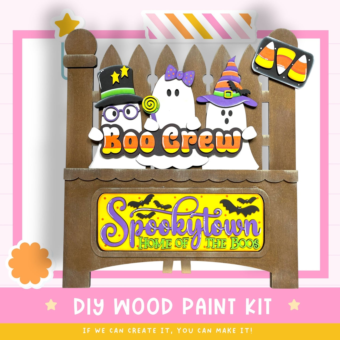 The image is a Halloween-themed DIY wood paint kit featuring a spooky wooden sign with the text "Boo Crew" and "Spookytown Home of the Boos". The sign is decorated with various Halloween-themed elements such as a ghost, a witch, and a candy cane. The kit appears to be designed for creating a spooky wooden sign or decoration for a Halloween-themed event or party.