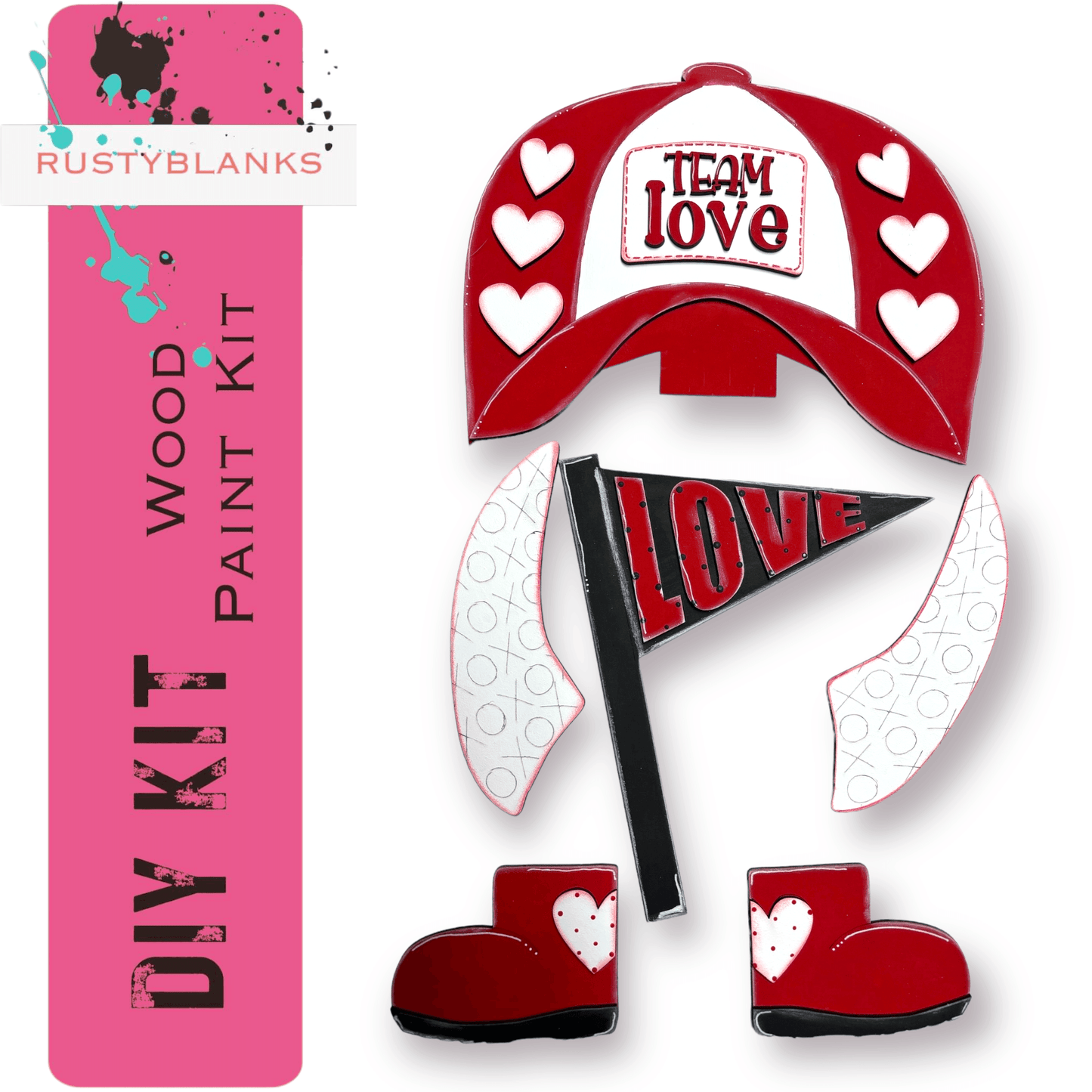 a red hat with white hearts and a red banner