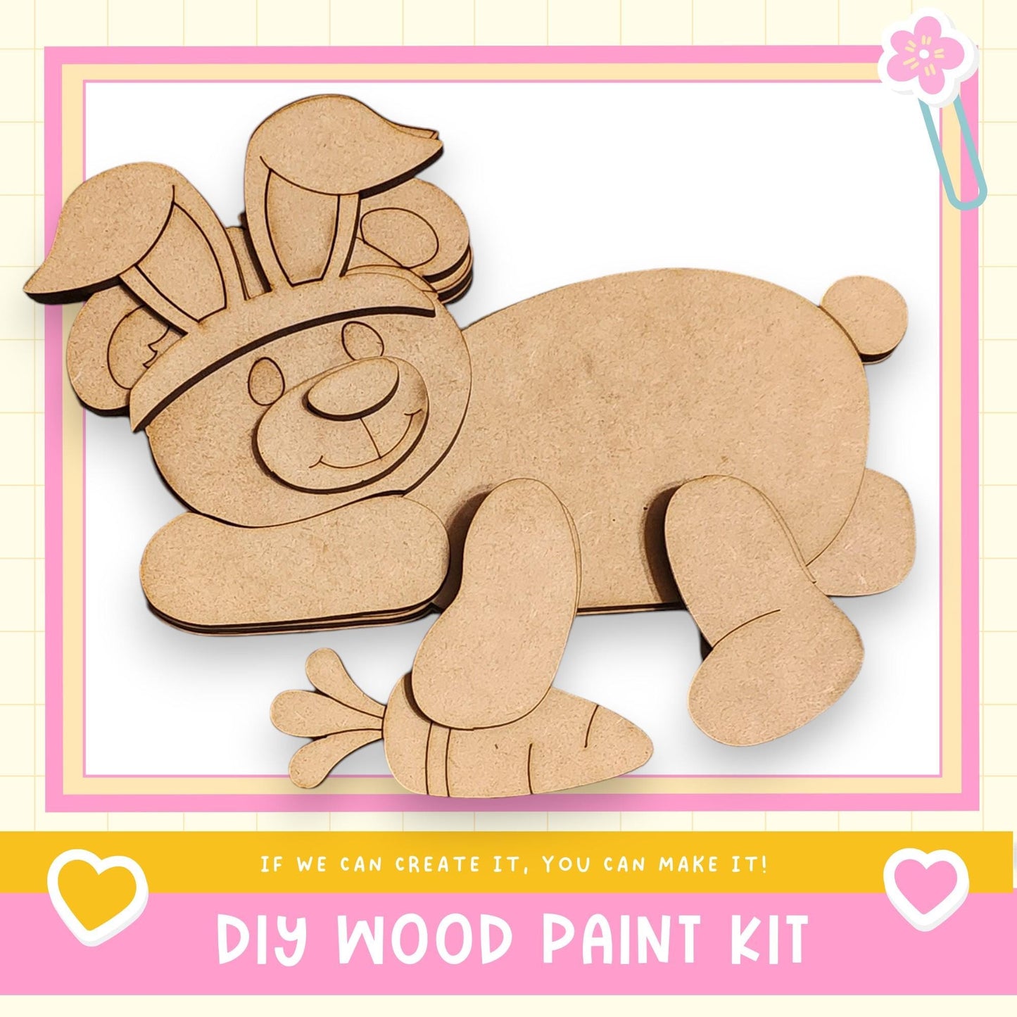 a DIY wood paint kit for creating a wooden toy, specifically a wooden bunny. The kit includes a wooden bunny and a wooden carrot, which can be used to create a wooden toy.
