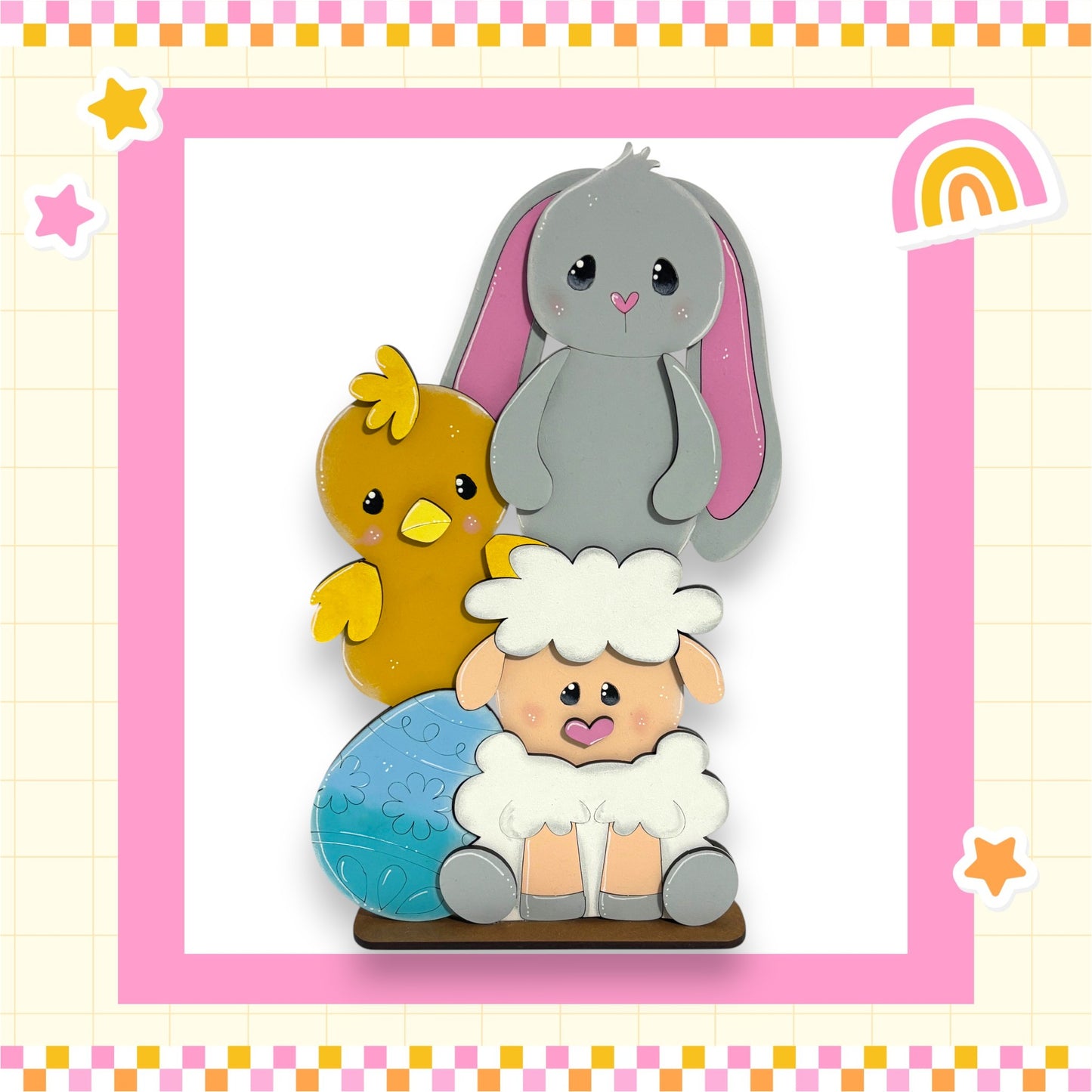 A colorful illustration featuring a gray rabbit, a yellow chick, and a white sheep, all sitting together in a playful arrangement.