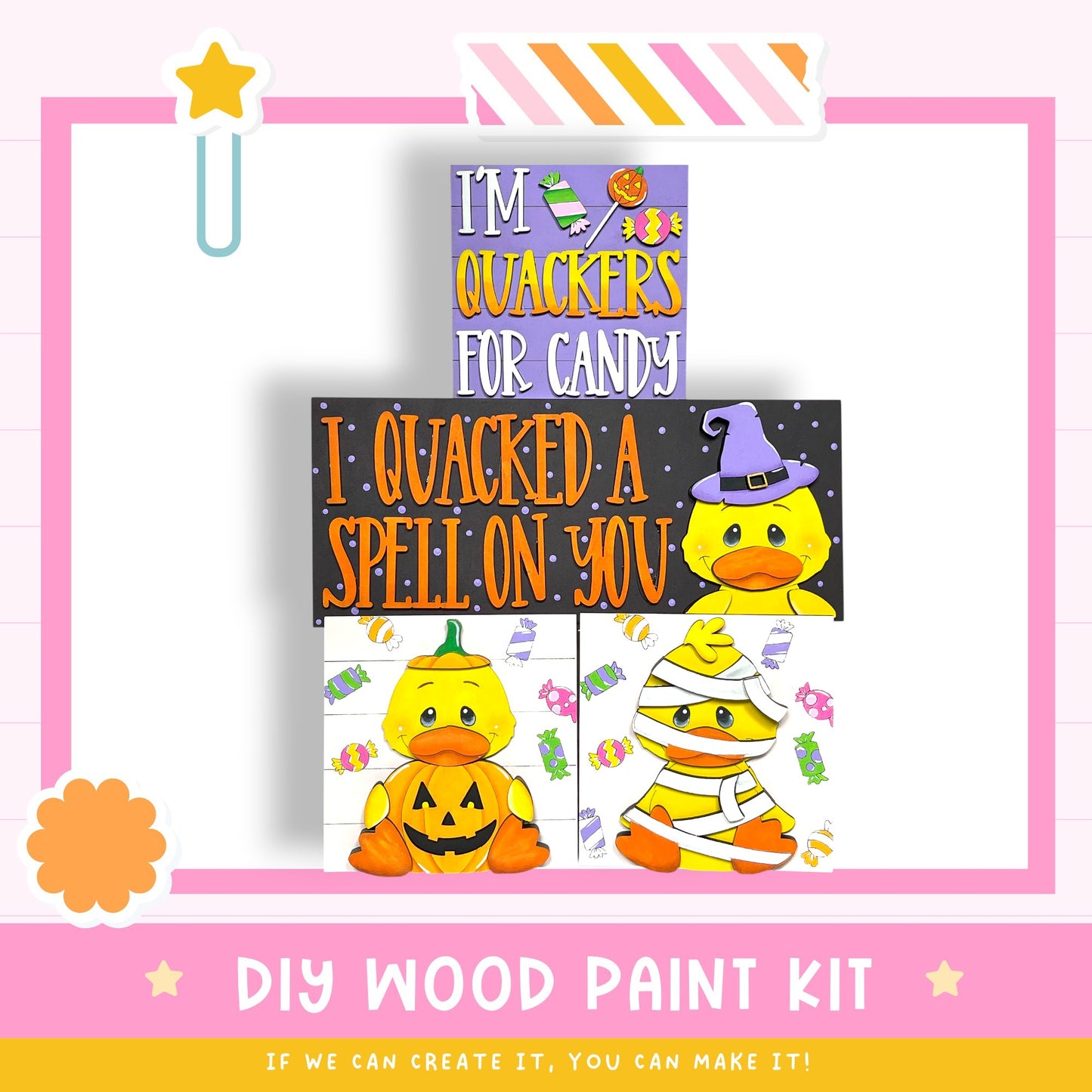 The image is a colorful and playful DIY wood paint kit featuring a variety of cartoon duck characters, including one wearing a witch's hat. The kit appears to be designed for children to create their own wooden decorations or art projects using the provided paint colors and tools.