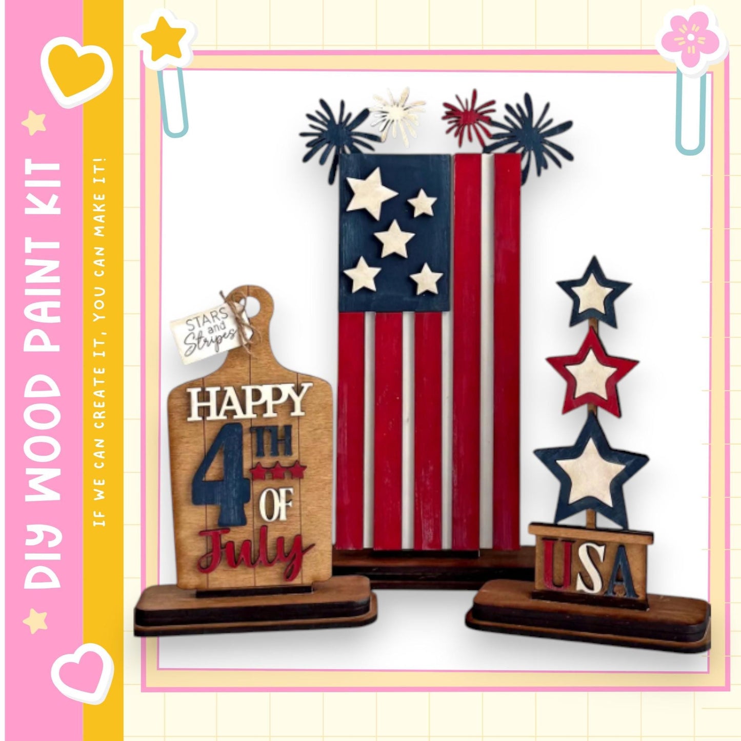 a DIY paint kit for creating wooden decorations, including a wooden sign with the text "Happy 4th of July" and a wooden board with the text "USA". The decorations are set against a backdrop of a red, white, and blue American flag, with stars and fireworks.