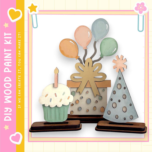 a birthday cake with a single lit candle, a gift box, and a party hat, all set against a pink and yellow background with decorative elements.