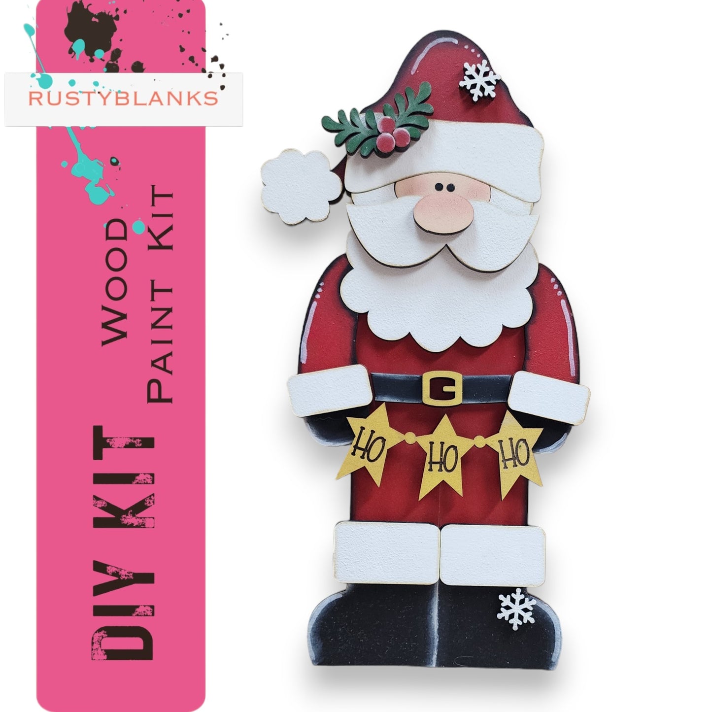 A DIY paint kit for creating a wooden Santa Claus figure, with the kit's name and instructions displayed on a pink banner.