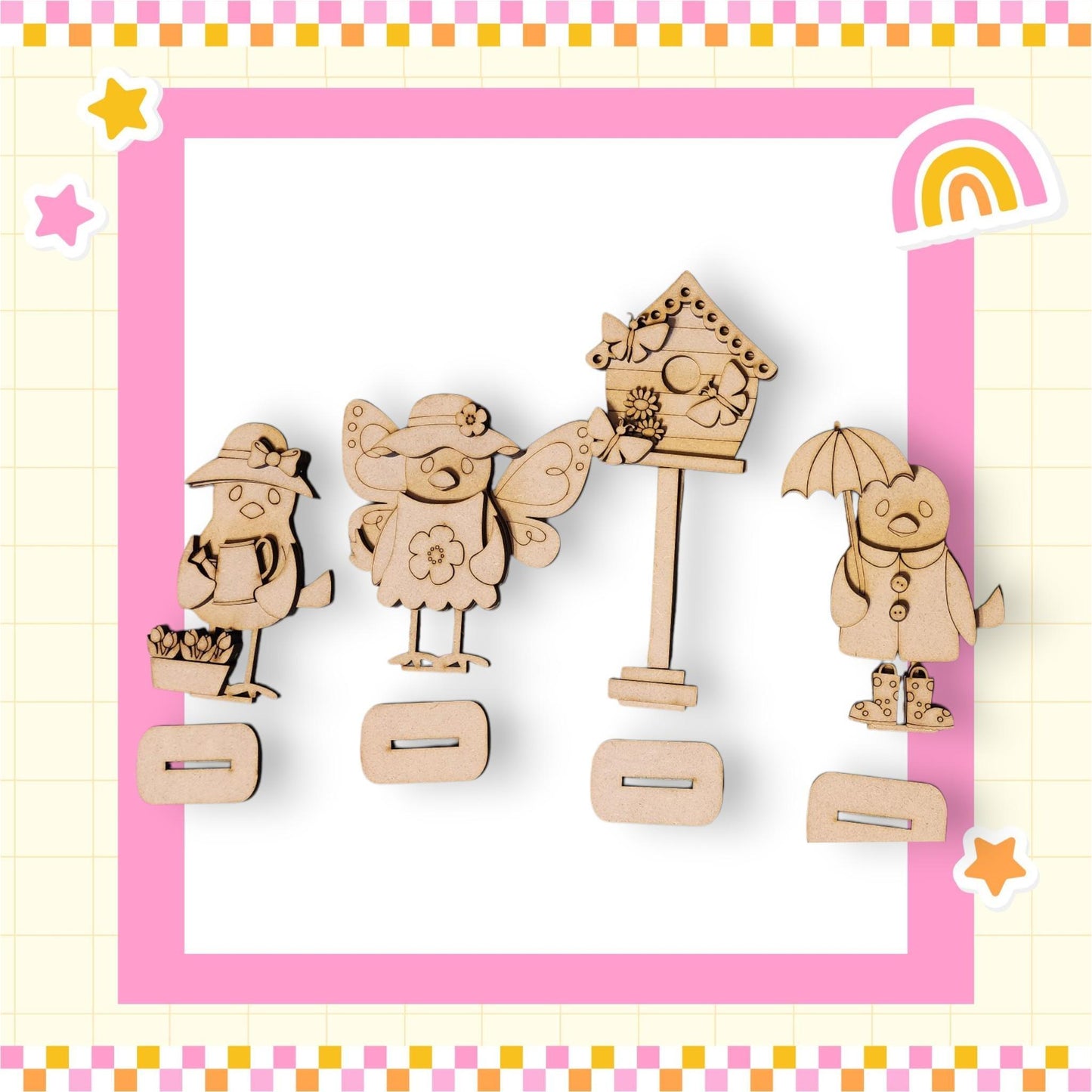 a group of wooden cut outs of animals