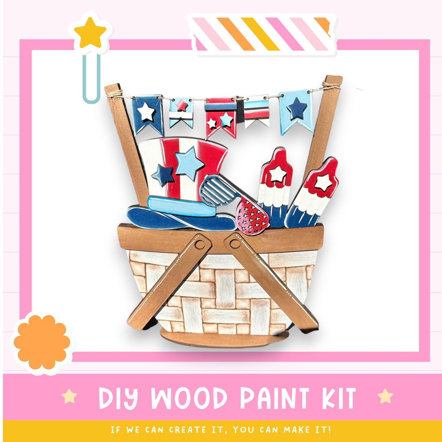 The image is a colorful and playful DIY wood paint kit, featuring a basket filled with various paint-related items such as a paintbrush, a paint roller, and a paint palette. The kit appears to be designed for children, with a cheerful and creative theme.