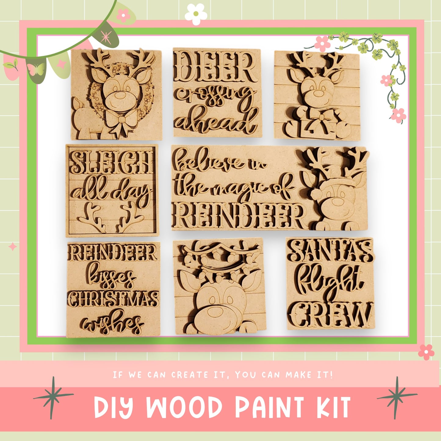 The image is a collage of nine wooden cutouts featuring various Christmas-themed phrases and designs, including reindeer, Santa's flight crew, and sleighs.