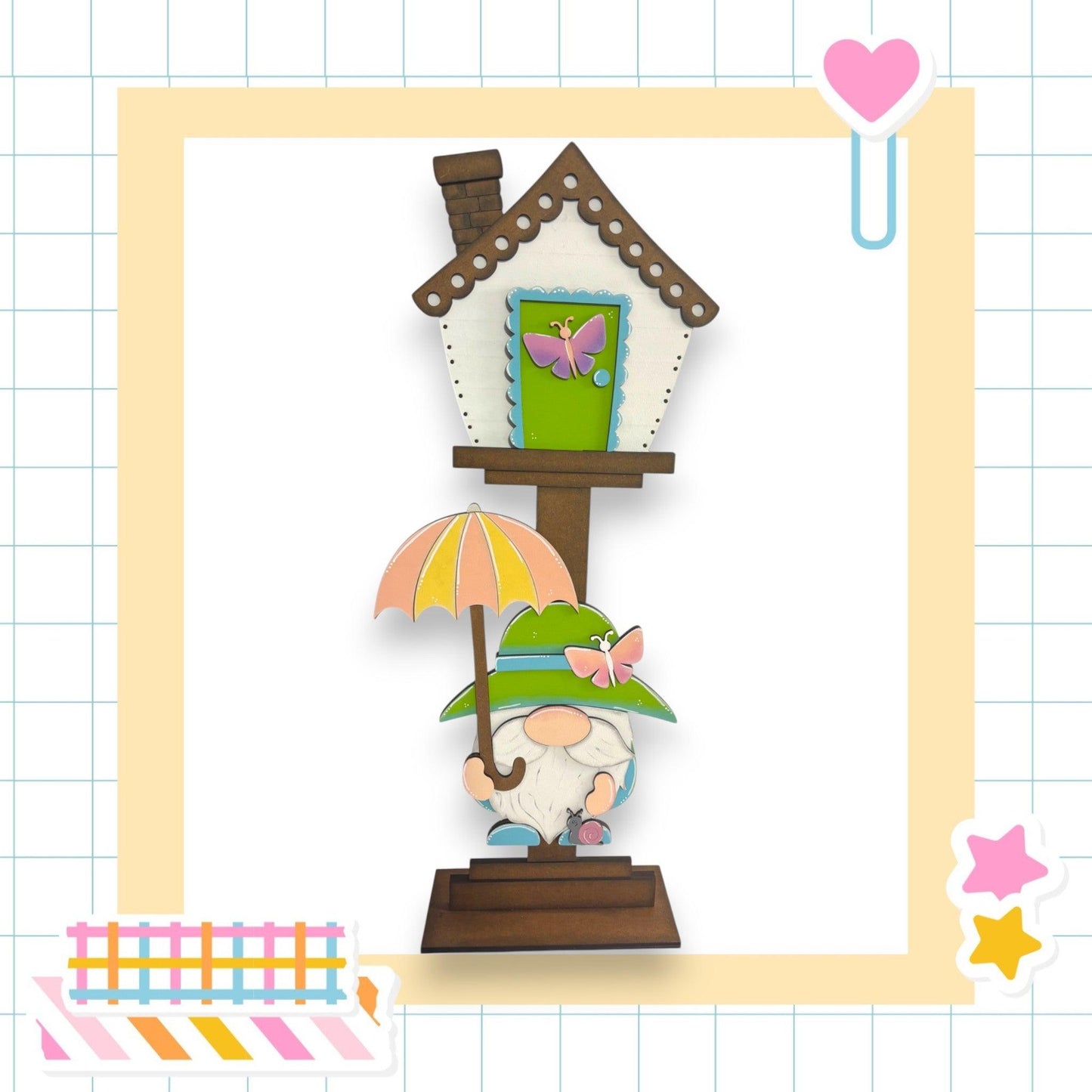a card with a gnome holding an umbrella