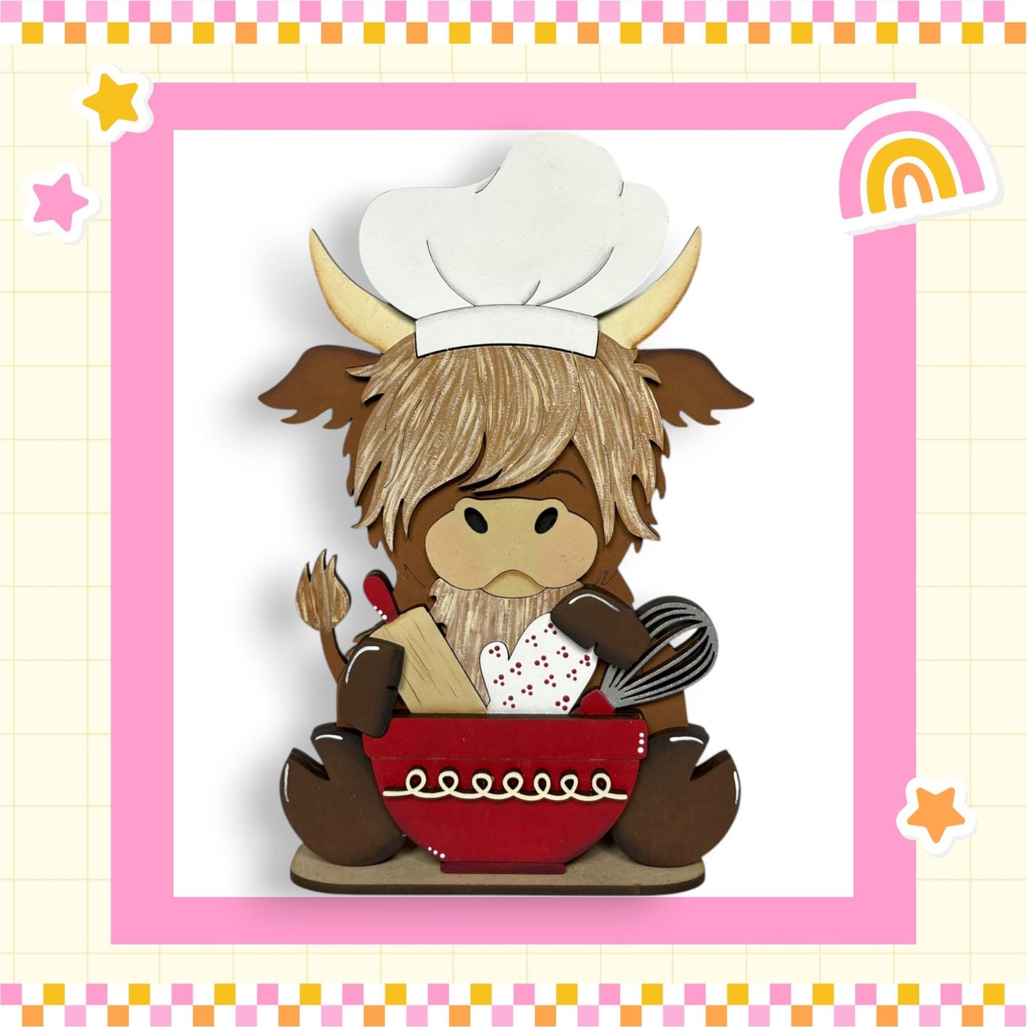A cartoon cow wearing a chef's hat and holding a bowl of food, set against a pink and yellow background with stars and a rainbow.