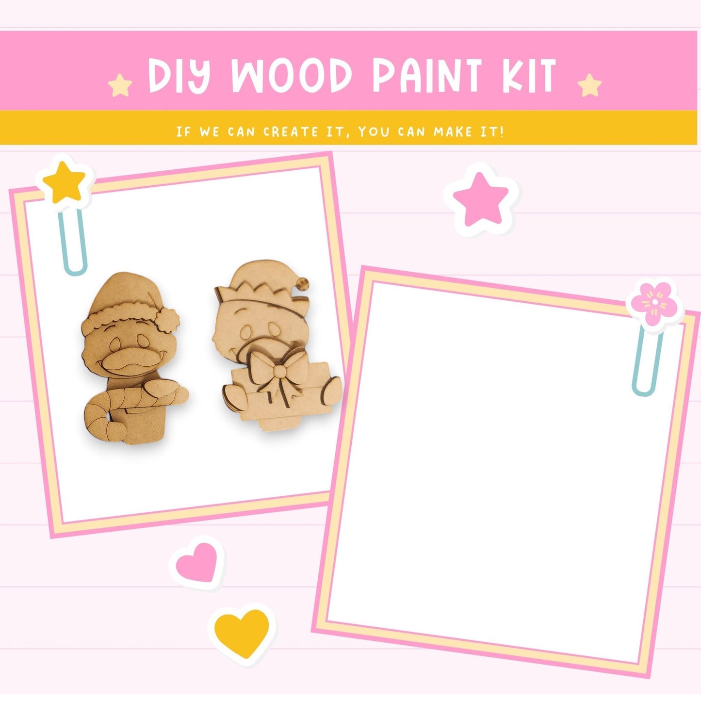The image is a DIY wood paint kit advertisement featuring two wooden toys, a bow, and a star. The text above the toys reads "DIY WOOD PAINT KIT" and the text below the toys says "IF WE CAN CREATE IT, YOU CAN MAKE IT!" The image is a collage of two smaller images, one with a wooden toy and the other with a wooden toy and a bow.