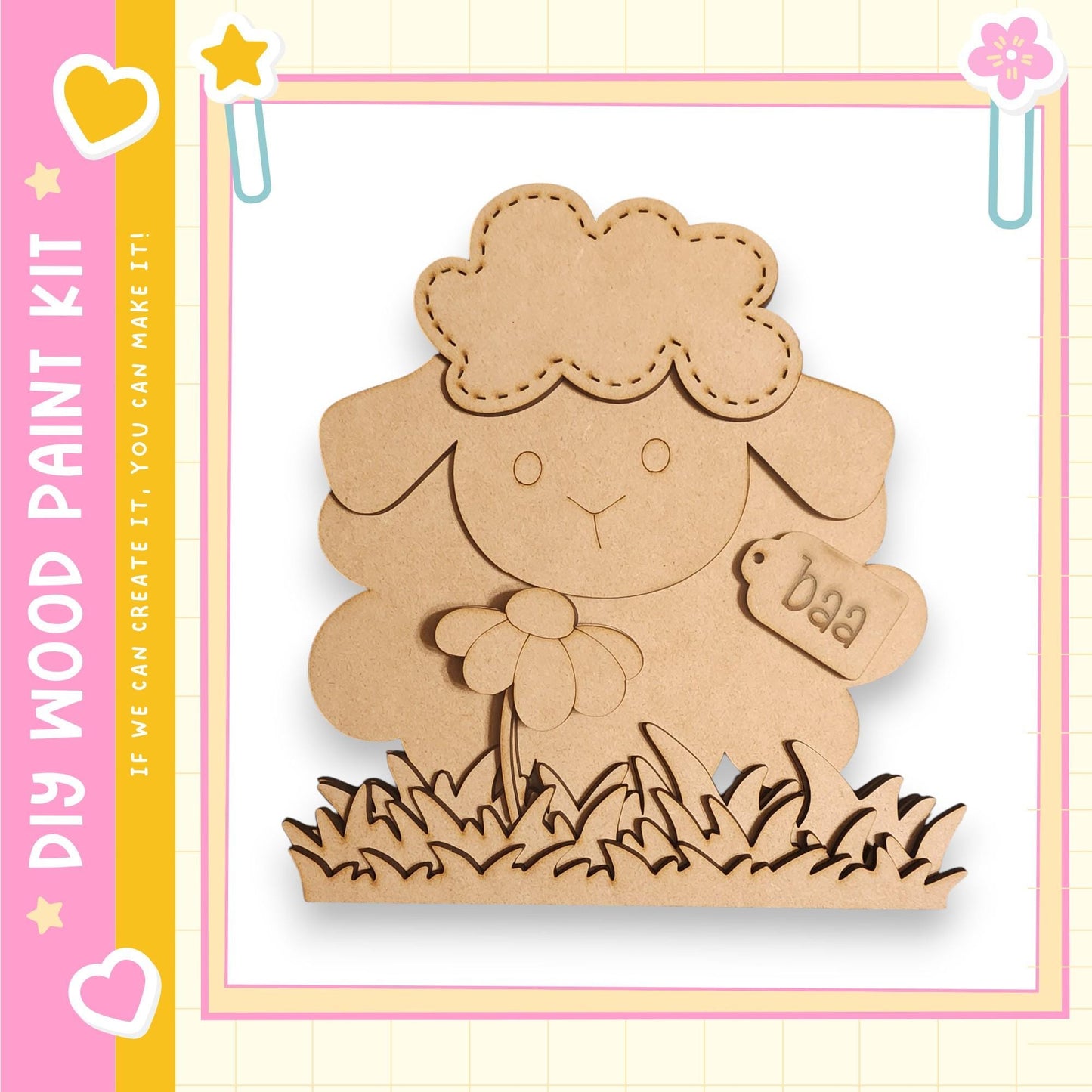 a wooden craft kit, specifically a sheep-shaped piece of wood, with a tag attached to it.