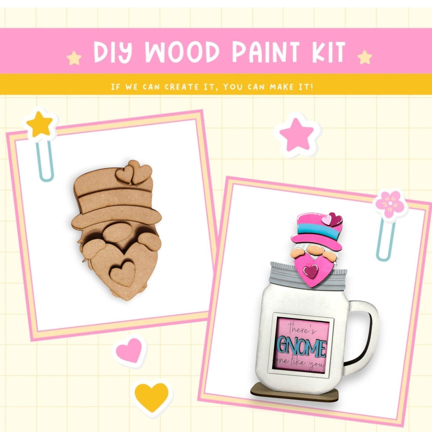 a picture of a wooden craft kit with a mug and a cookie